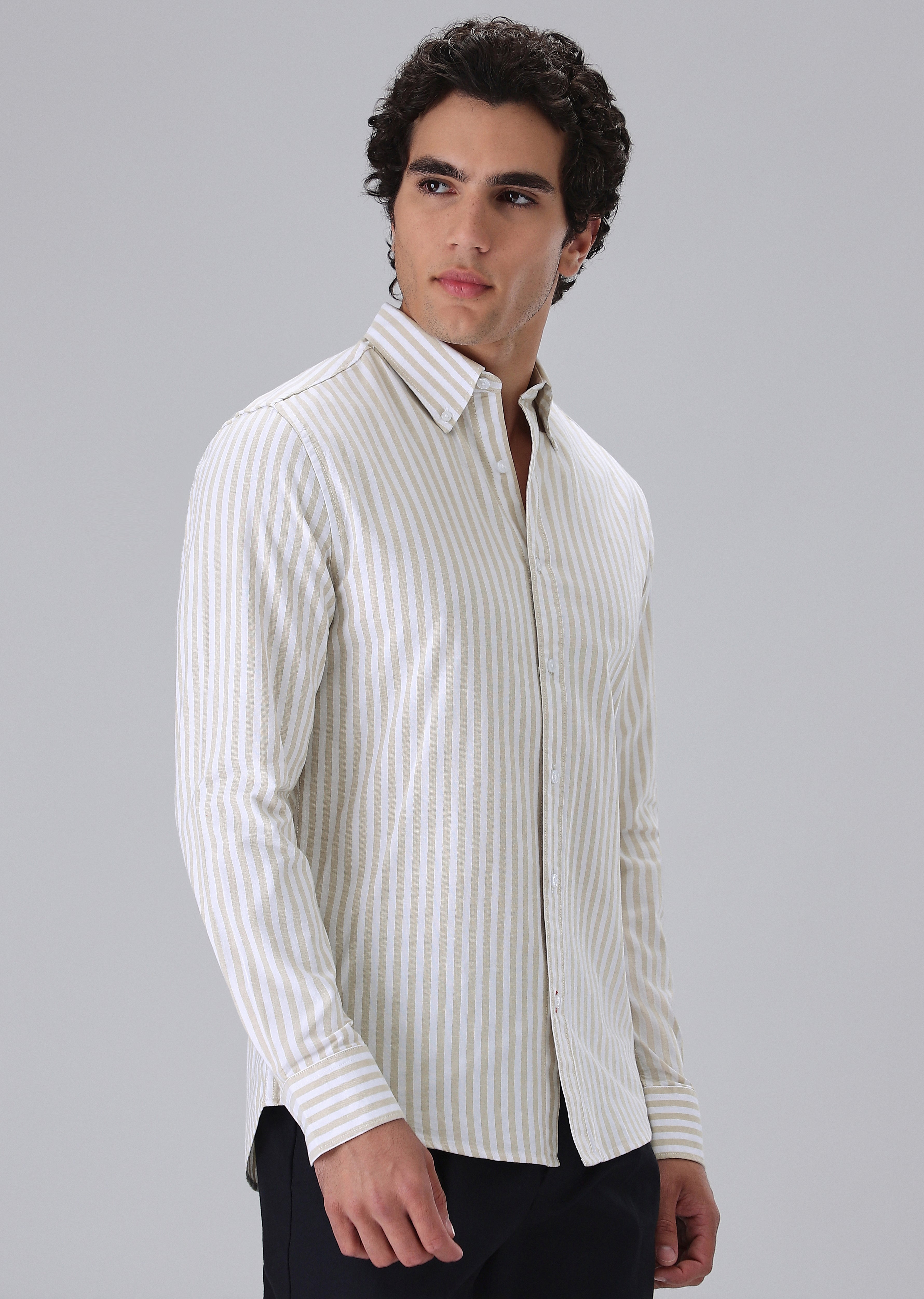 Beige Cotton Oxford Stripe Shirt