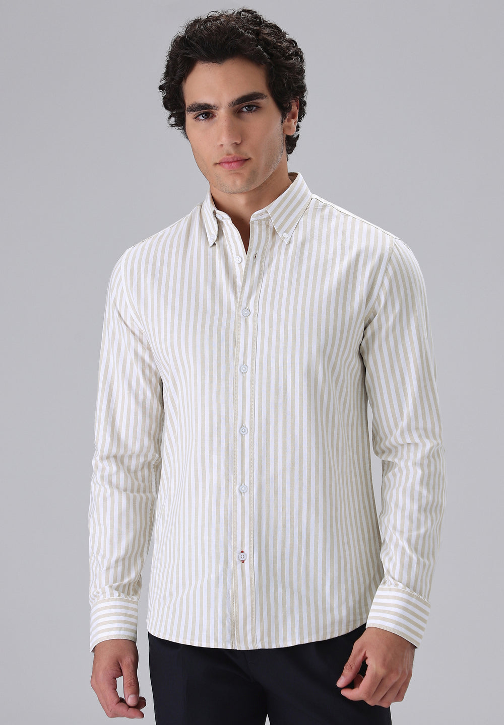 Beige Cotton Oxford Stripe Shirt