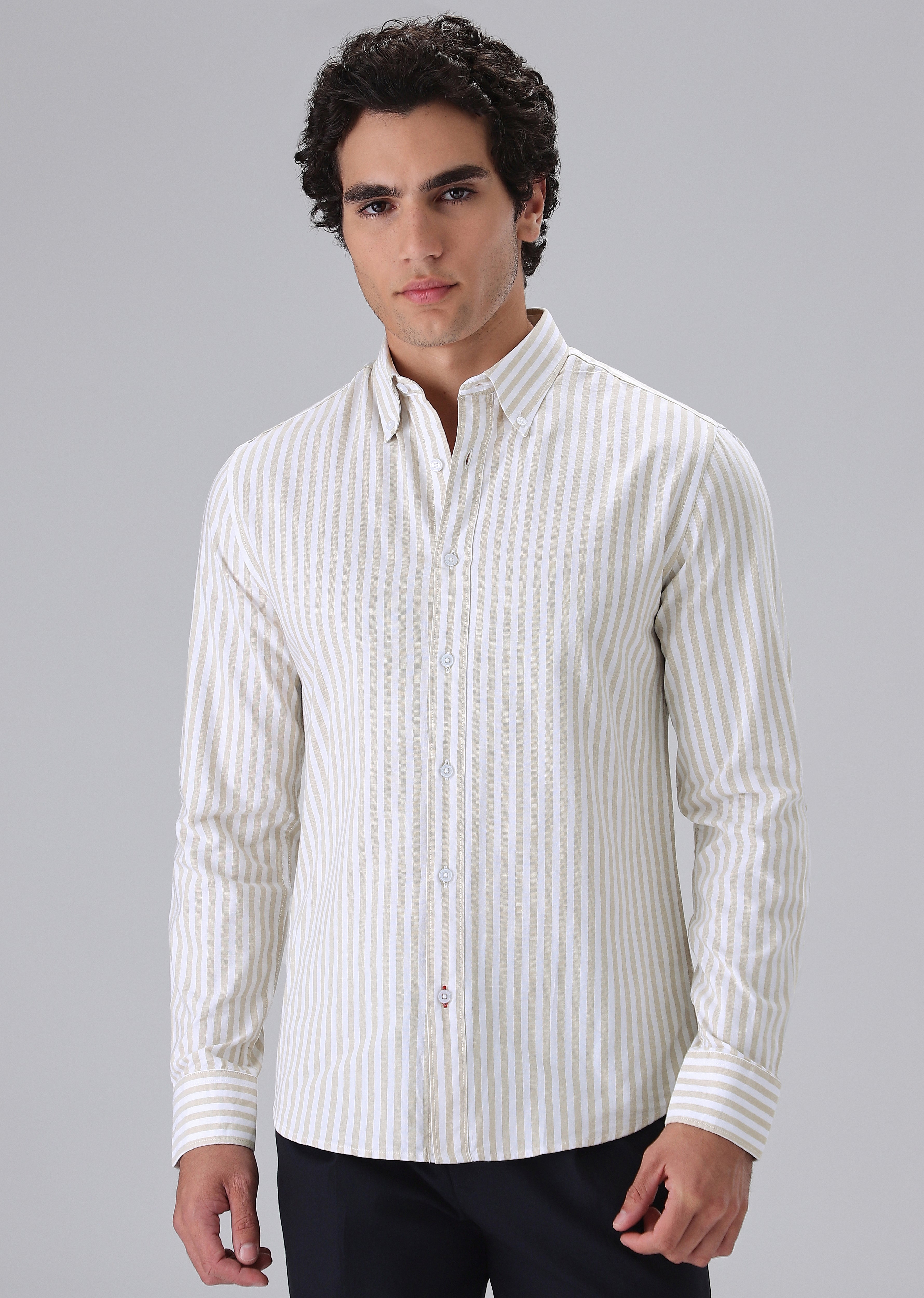 Beige Cotton Oxford Stripe Shirt