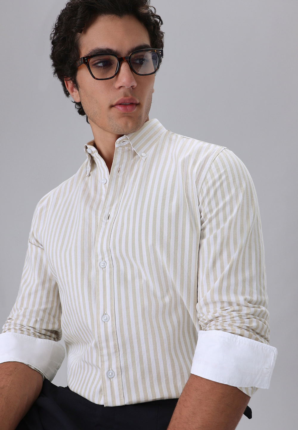Beige Cotton Oxford Stripe Shirt
