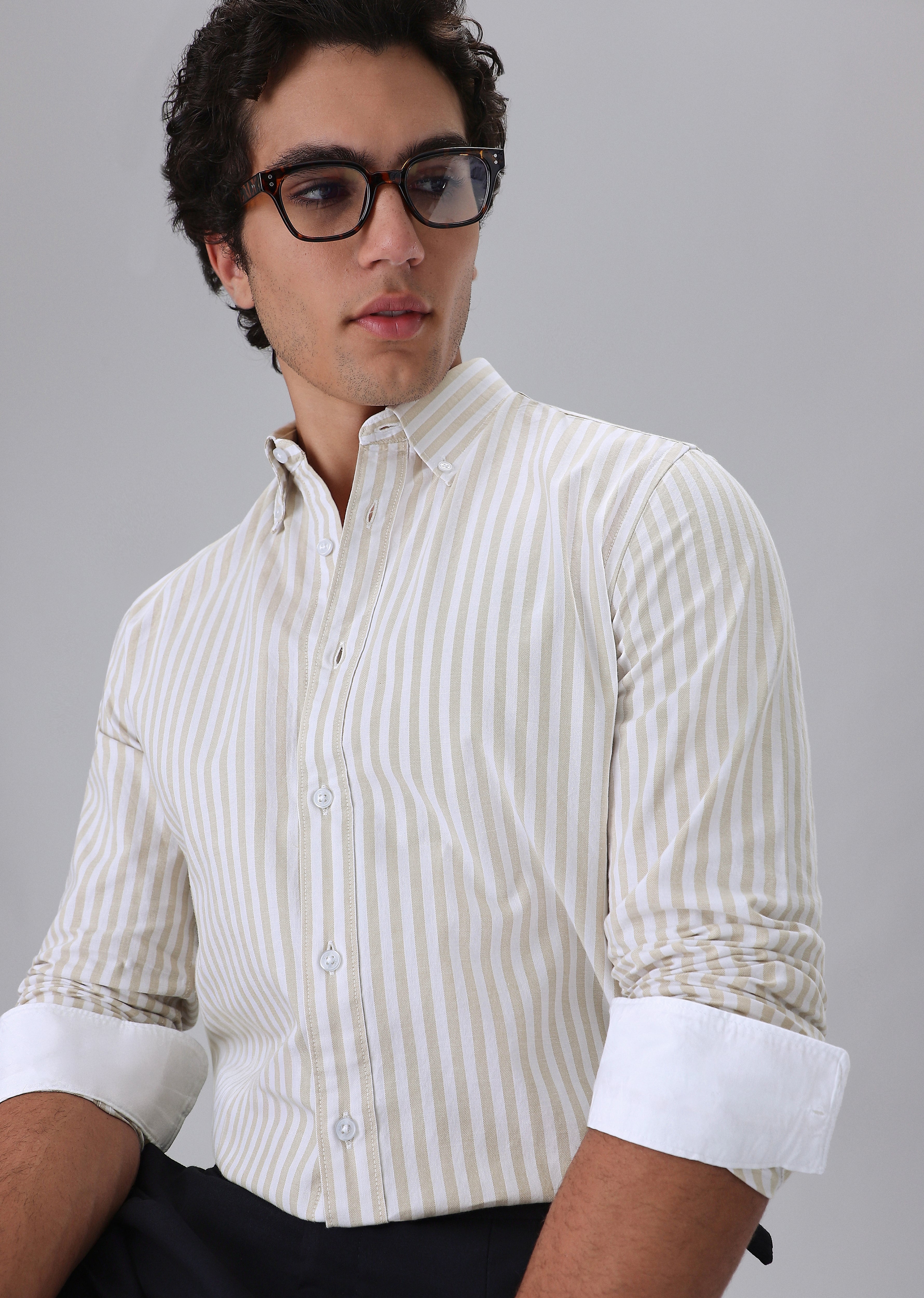 Beige Cotton Oxford Stripe Shirt