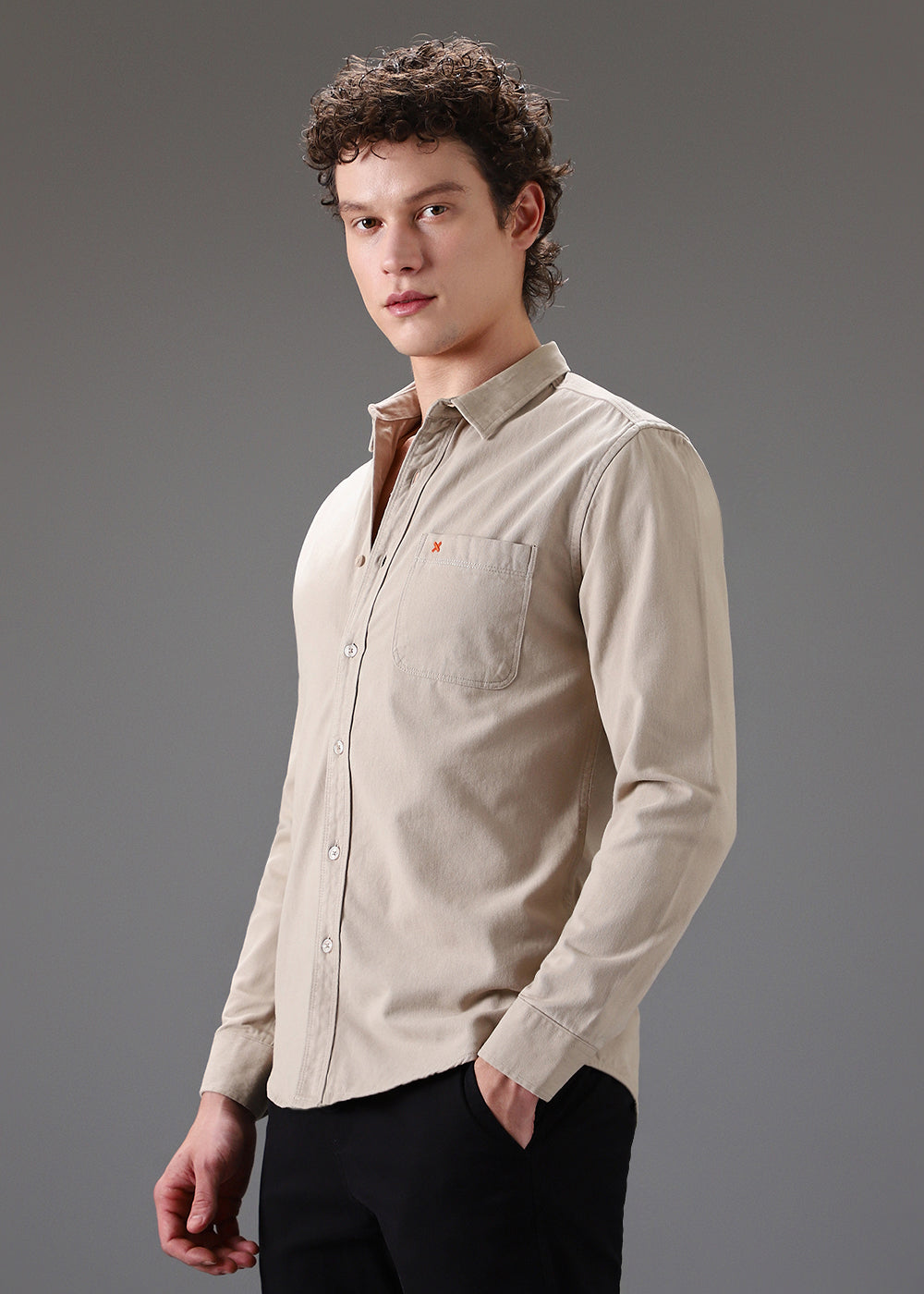 Beige Cotton Single Pocket Shirt