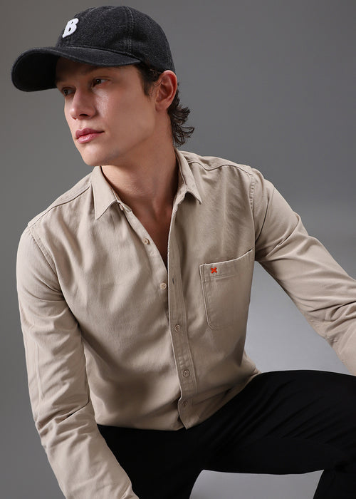 Beige Cotton Single Pocket Shirt