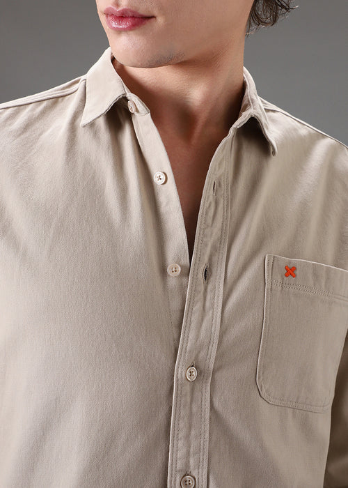 Beige Cotton Single Pocket Shirt