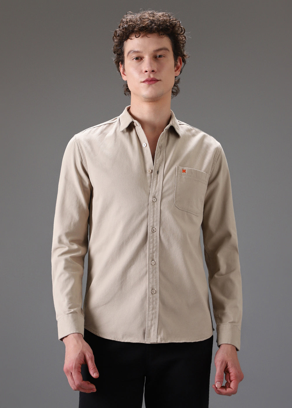 Beige Cotton Single Pocket Shirt