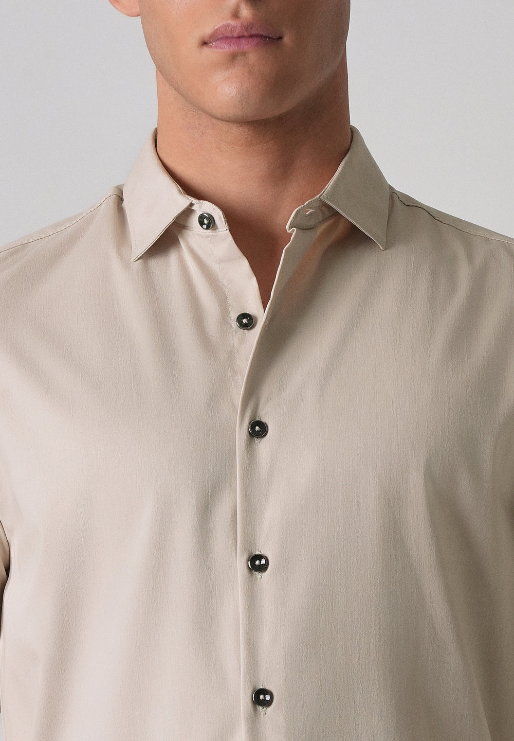Beige Cotton Stretch Plain Shirt
