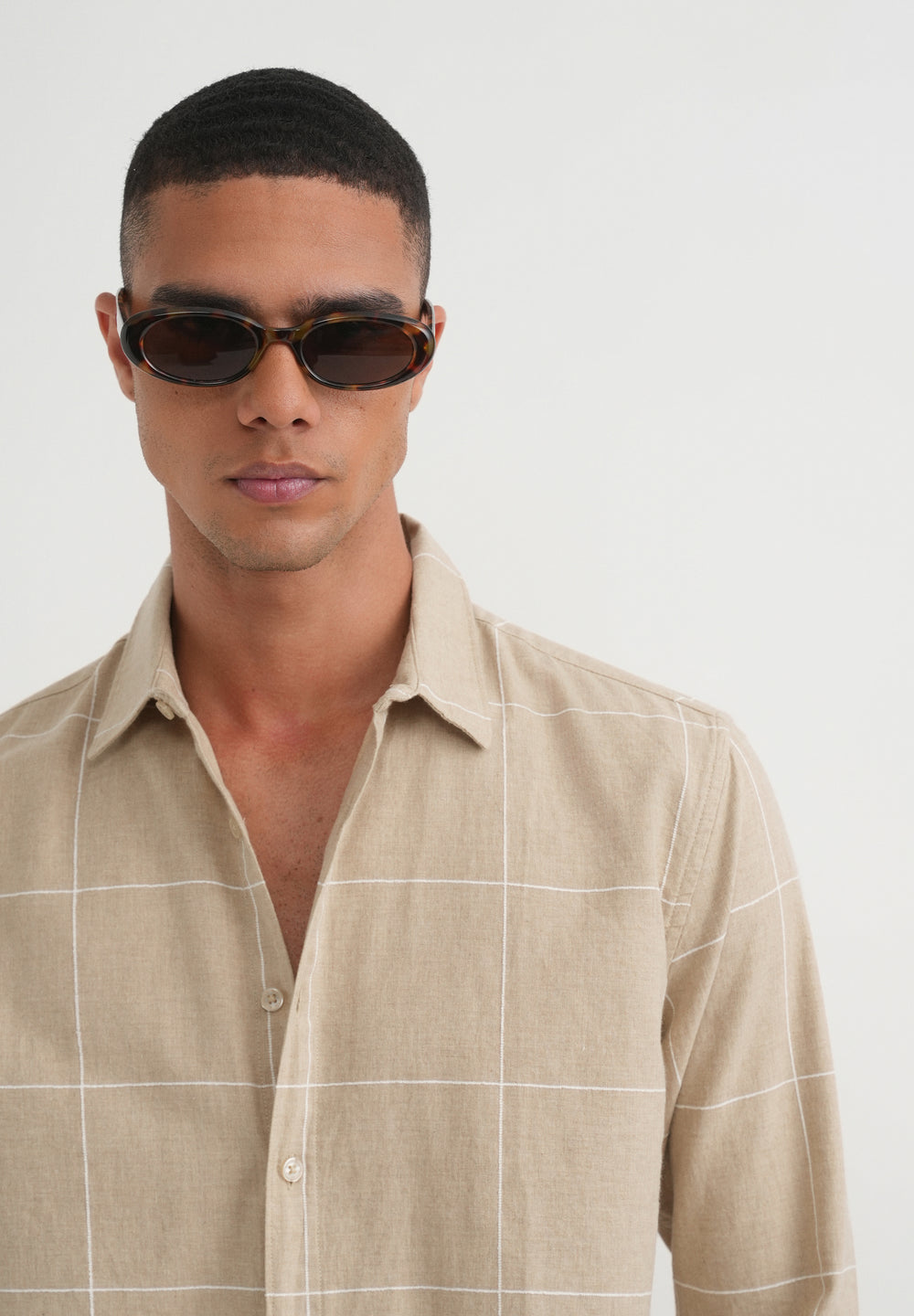 Beige Cotton Windowpane Check Shirt