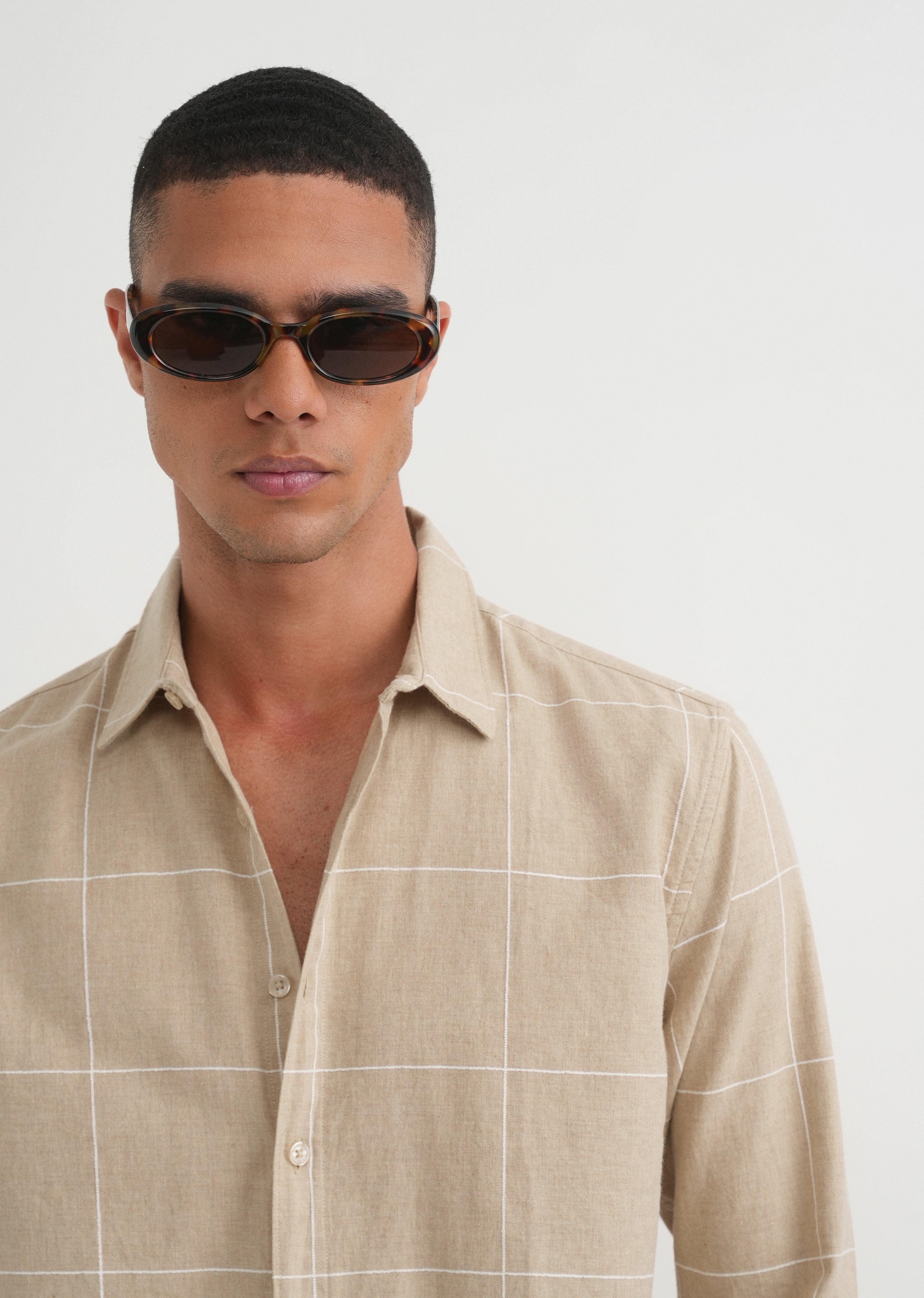 Beige Cotton Windowpane Check Shirt