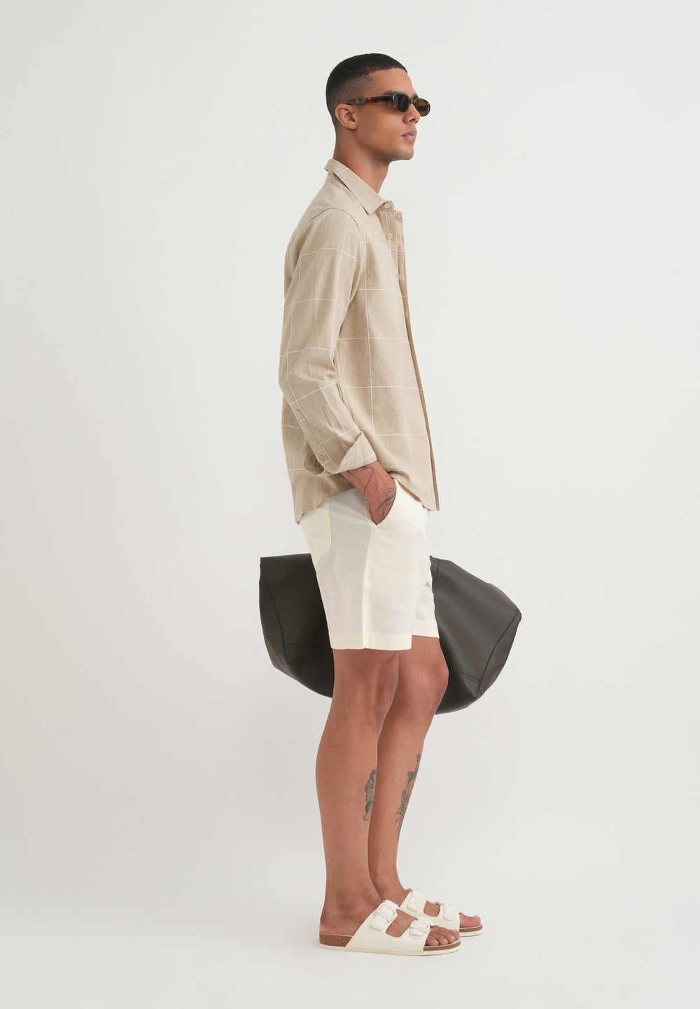 Beige Cotton Windowpane Check Shirt