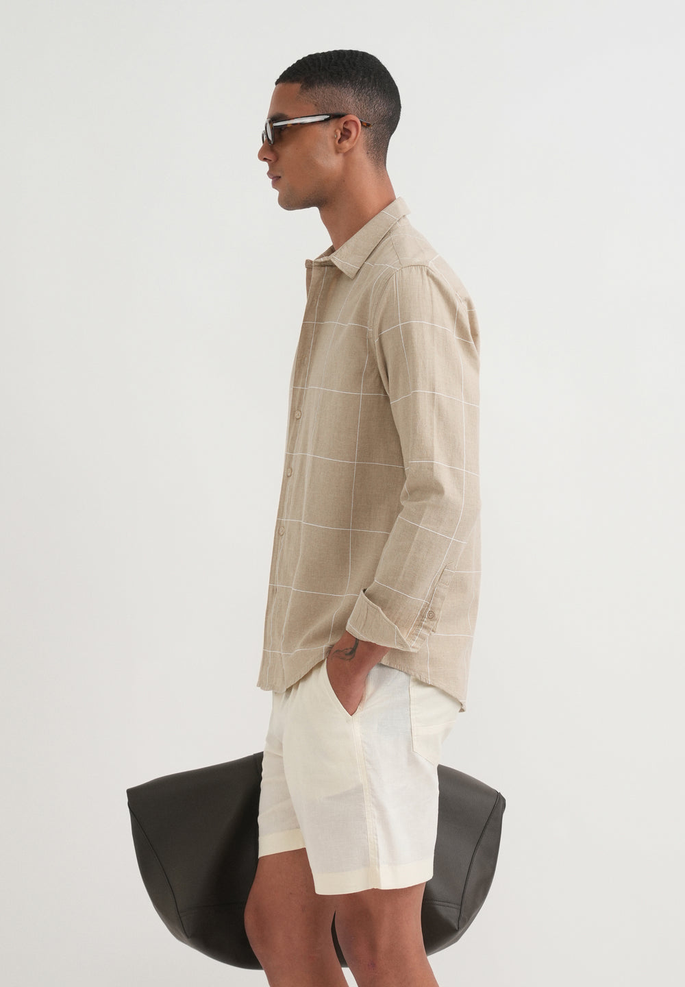 Beige Cotton Windowpane Check Shirt