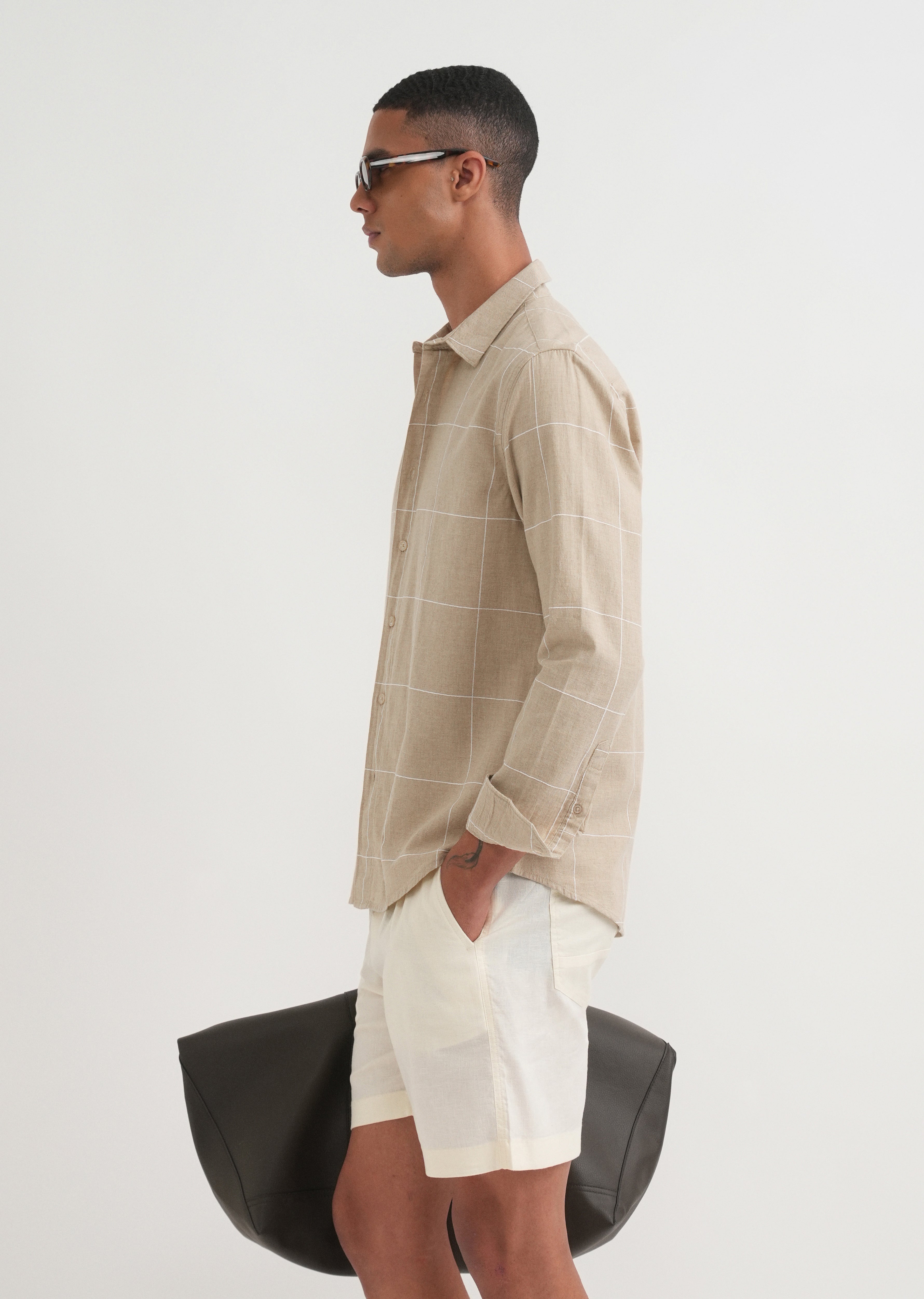Beige Cotton Windowpane Check Shirt