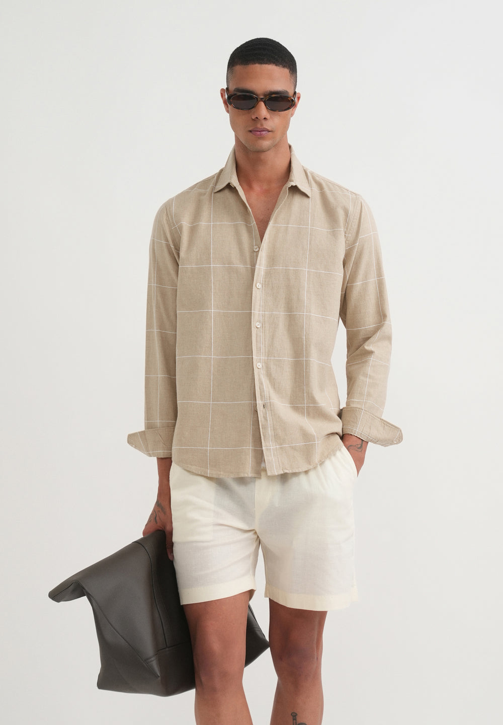 Beige Cotton Windowpane Check Shirt