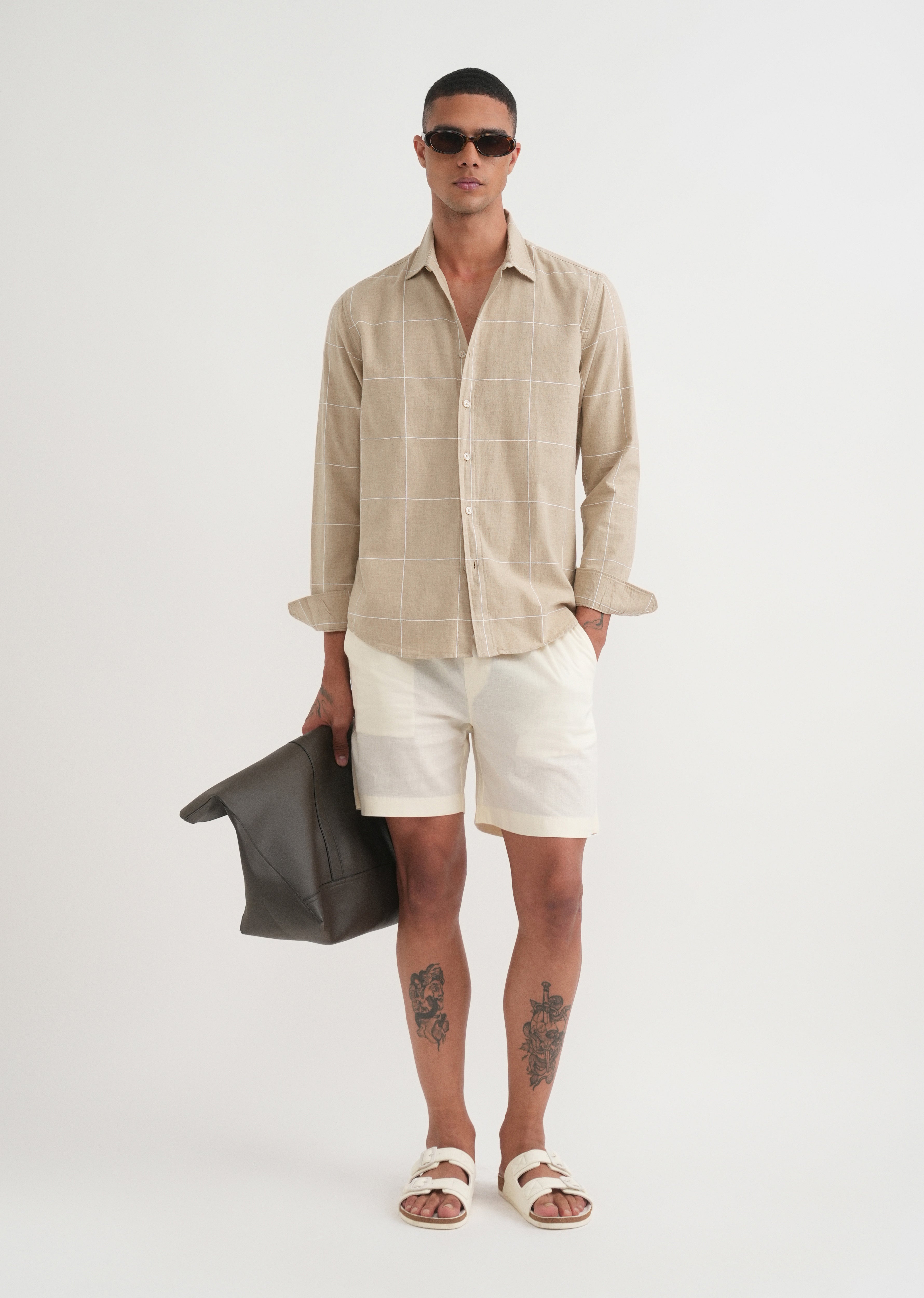 Beige Cotton Windowpane Check Shirt