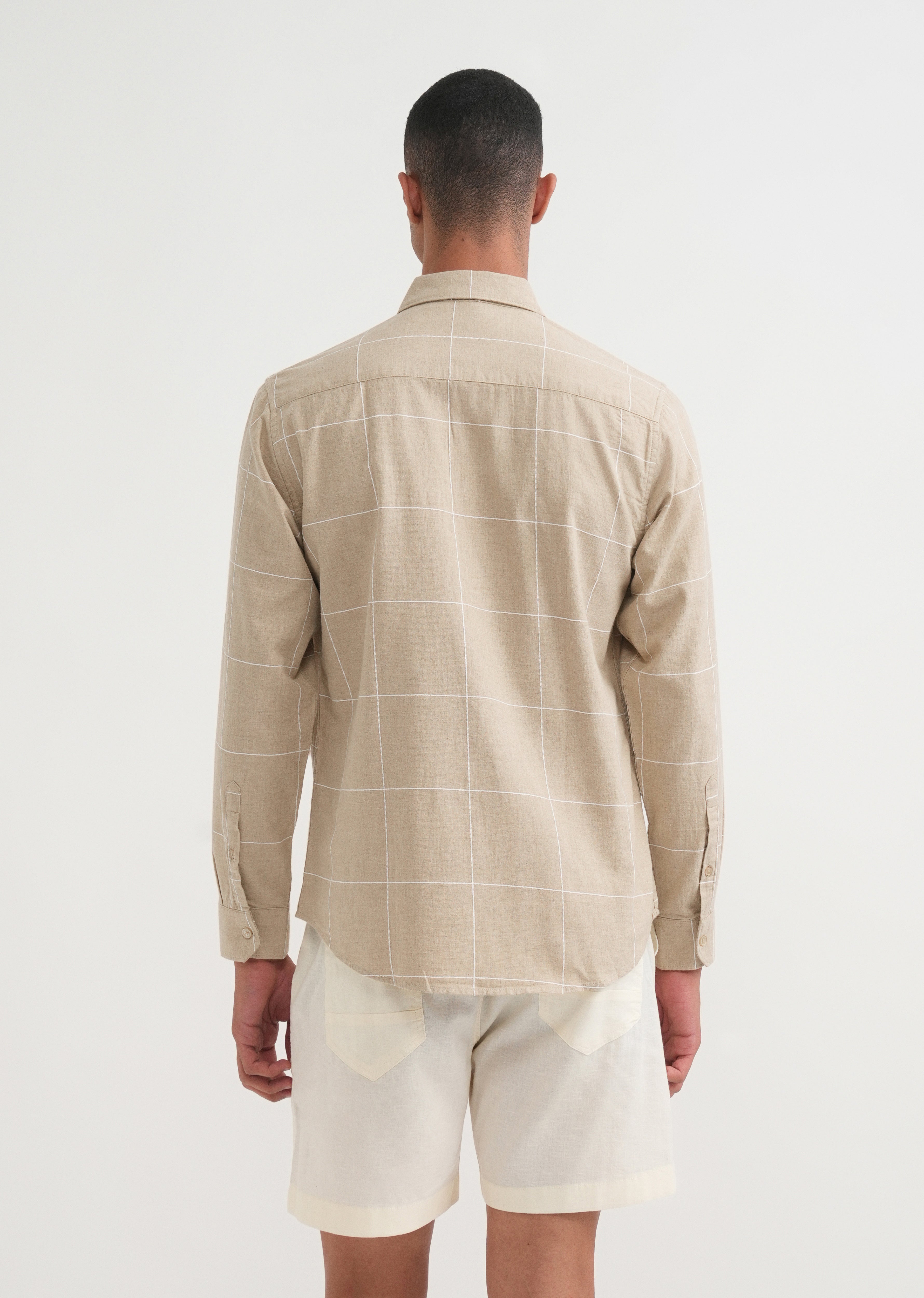 Beige Cotton Windowpane Check Shirt