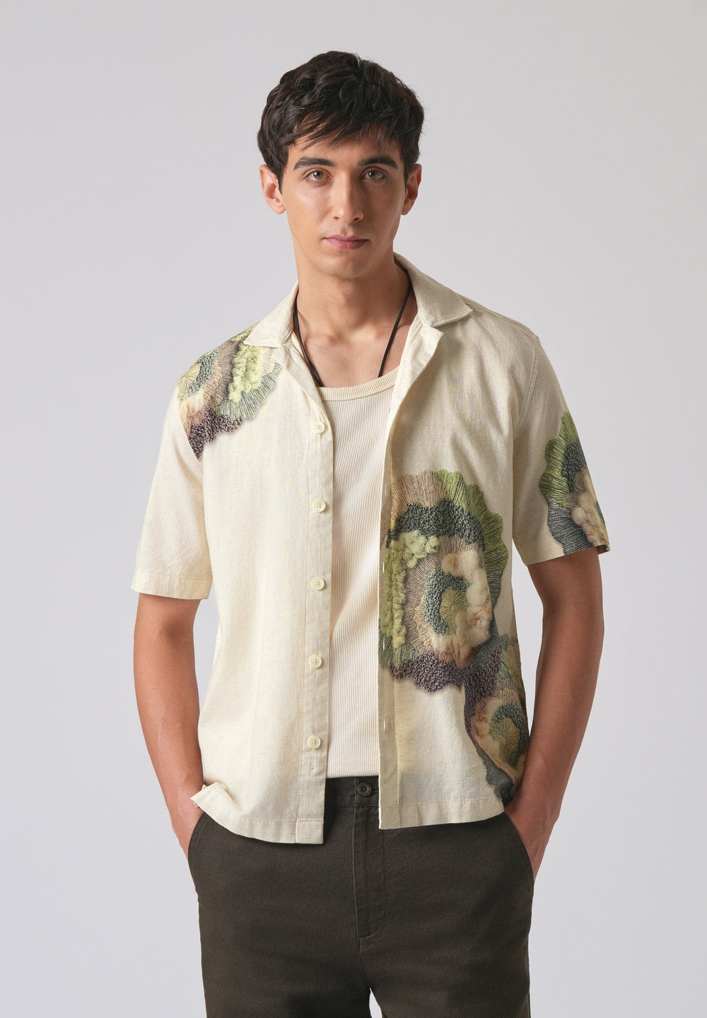 Beige Cotton/Linen Coral Print Shirt