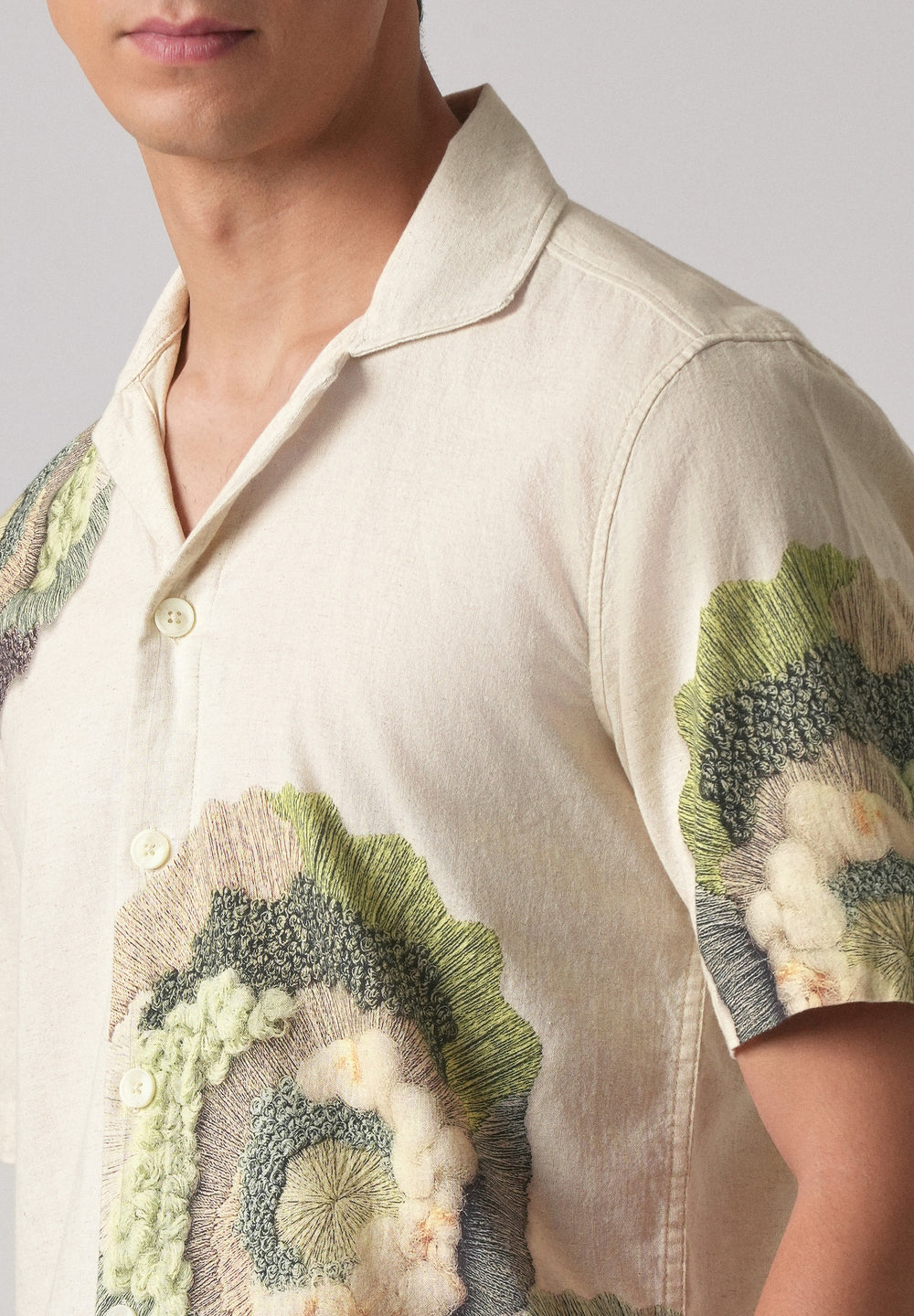 Beige Cotton/Linen Coral Print Shirt