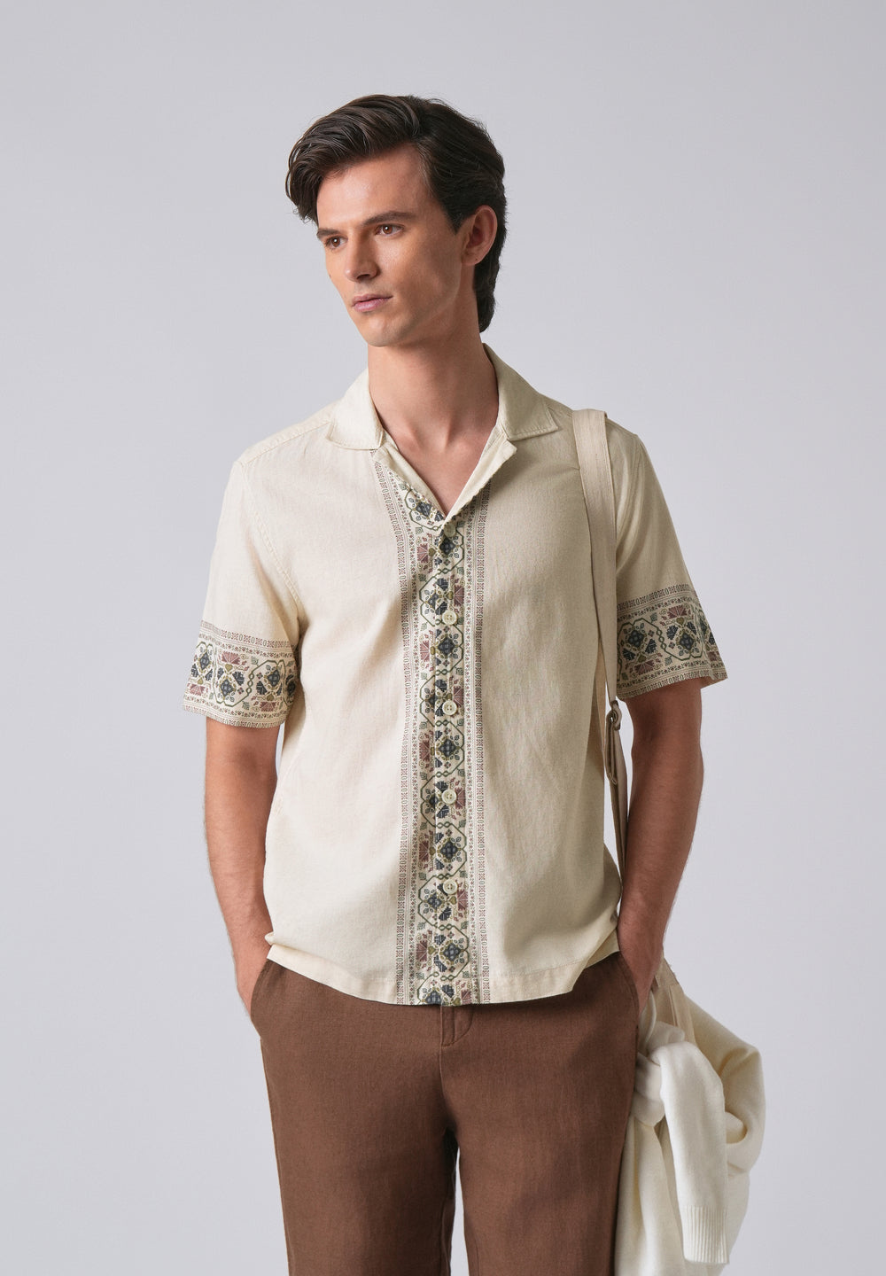 Beige Cotton/Linen Pannel Print Shirt