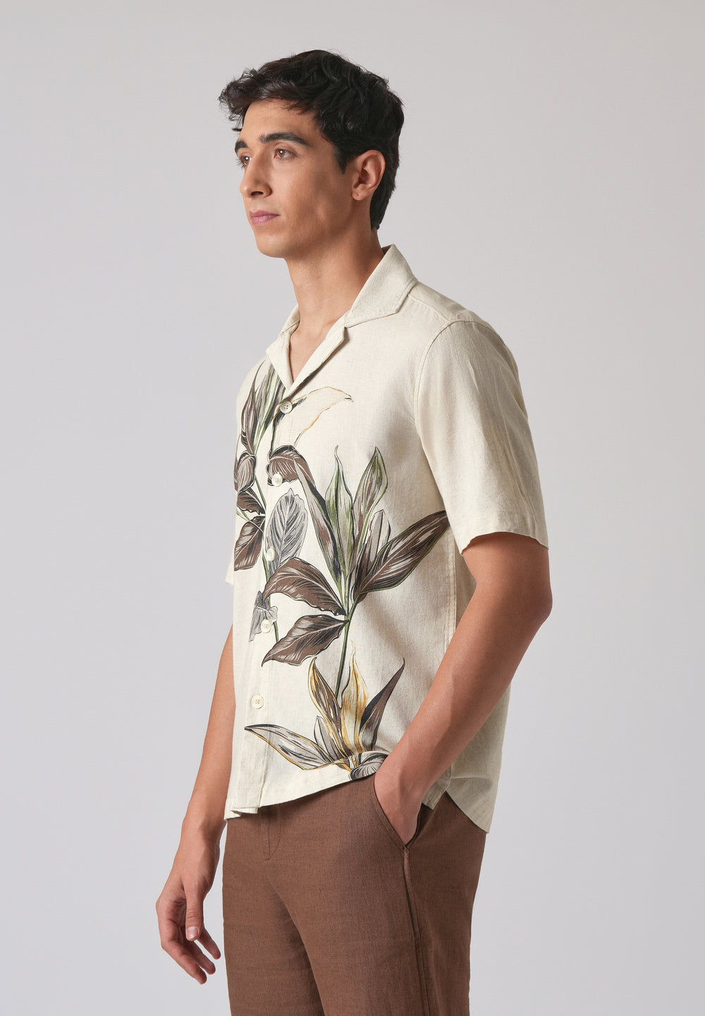 Beige Cotton/Linen Floral Print Shirt