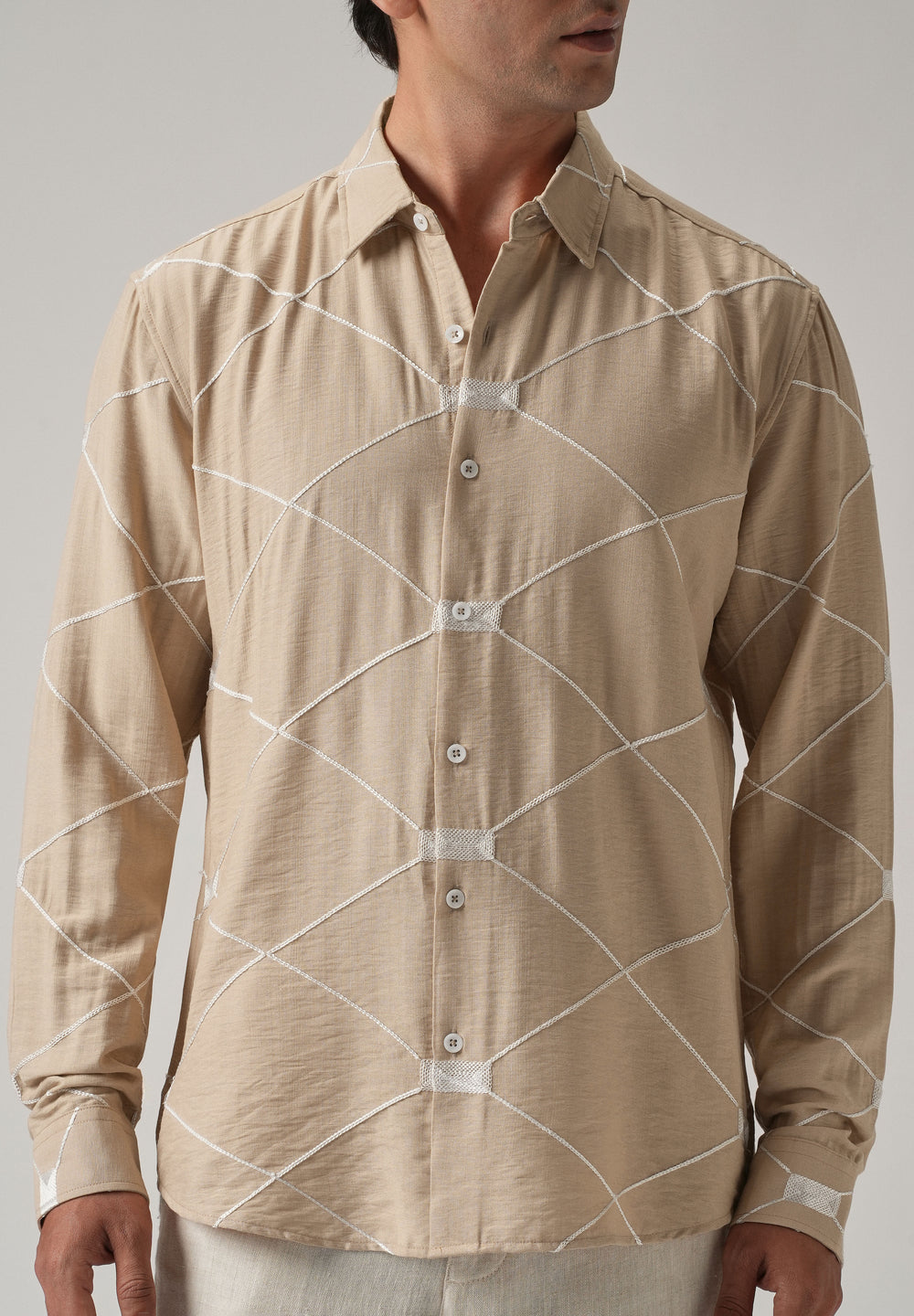 Beige Crisscross Embroidery Shirt
