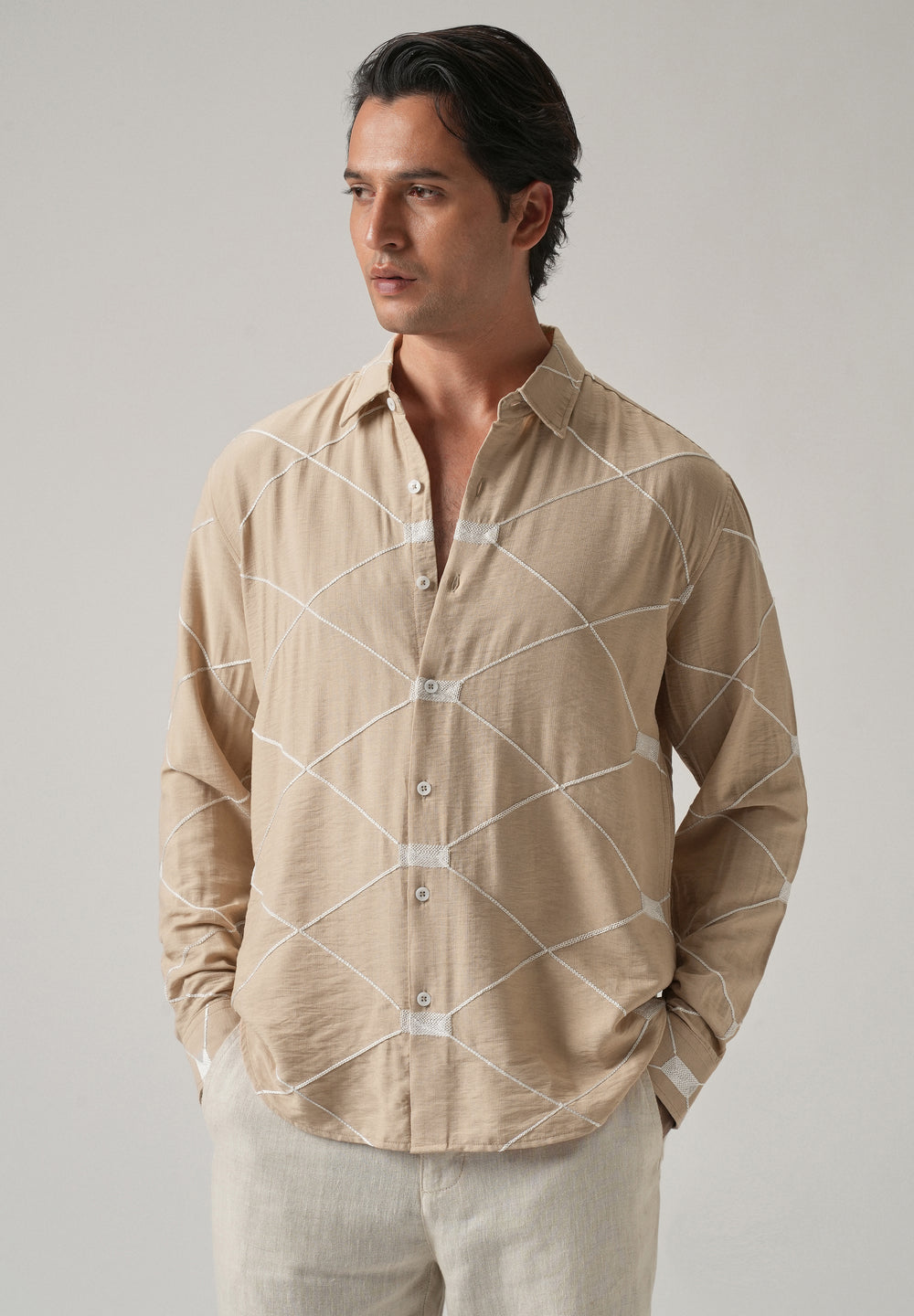 Beige Crisscross Embroidery Shirt