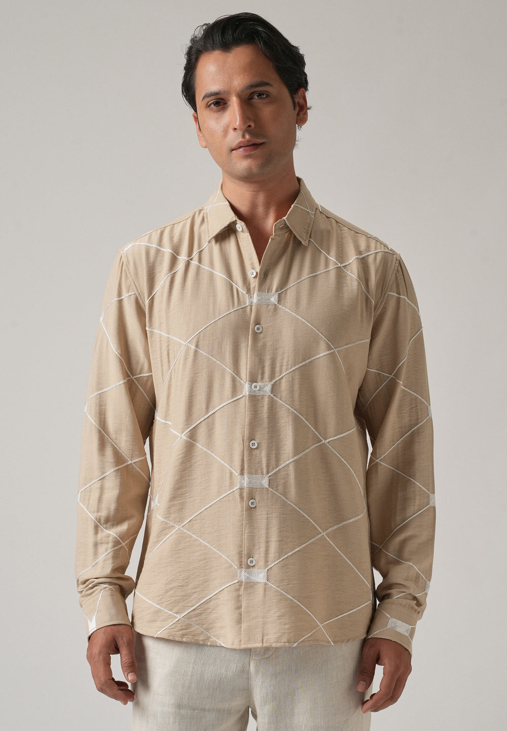 Beige Crisscross Embroidery Shirt