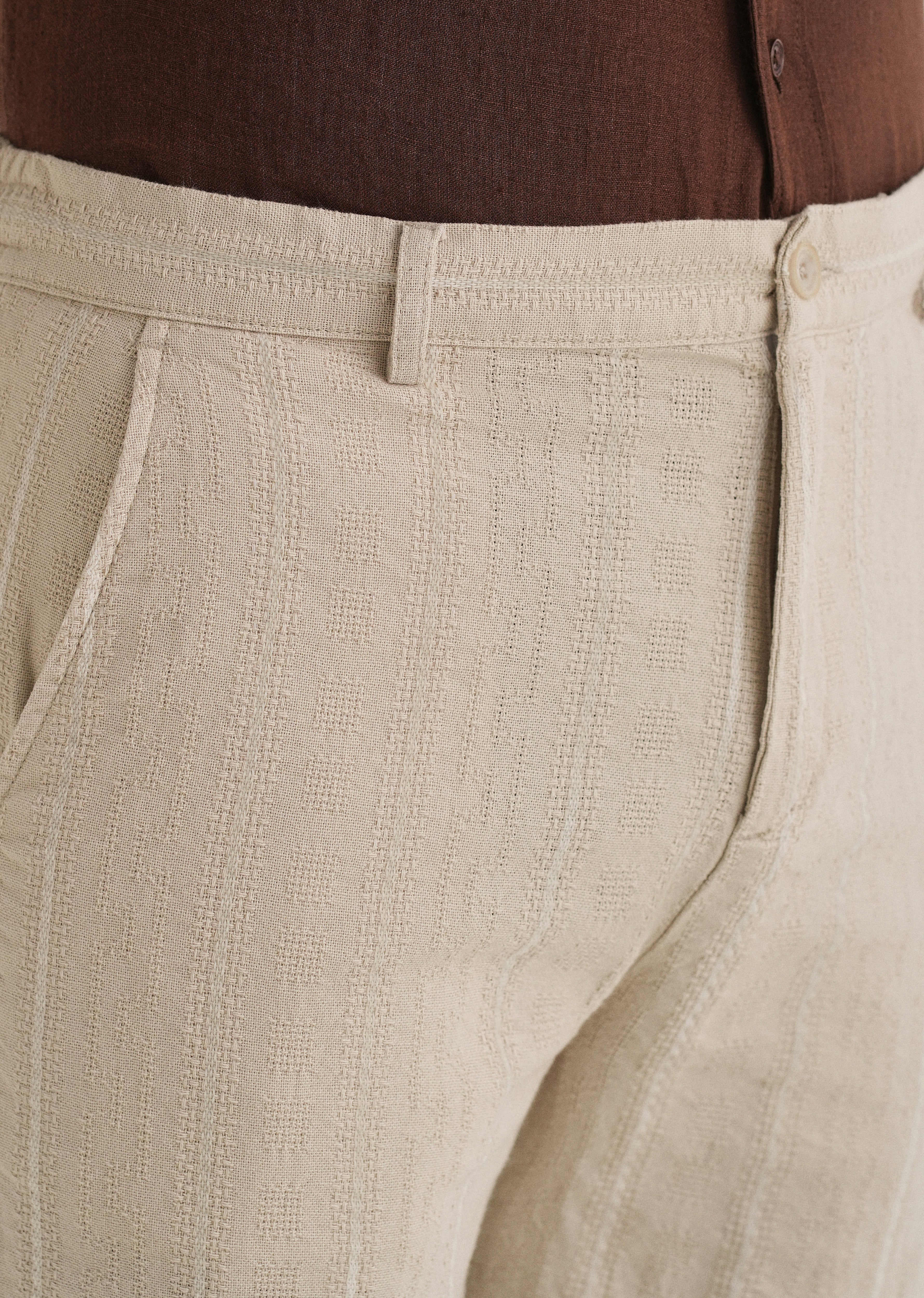 Beige Dobby Cotton Stripe Pants
