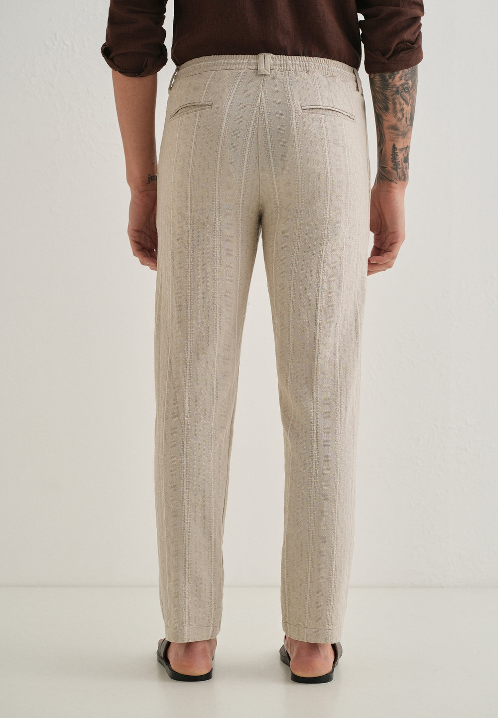 Beige Dobby Cotton Stripe Pants