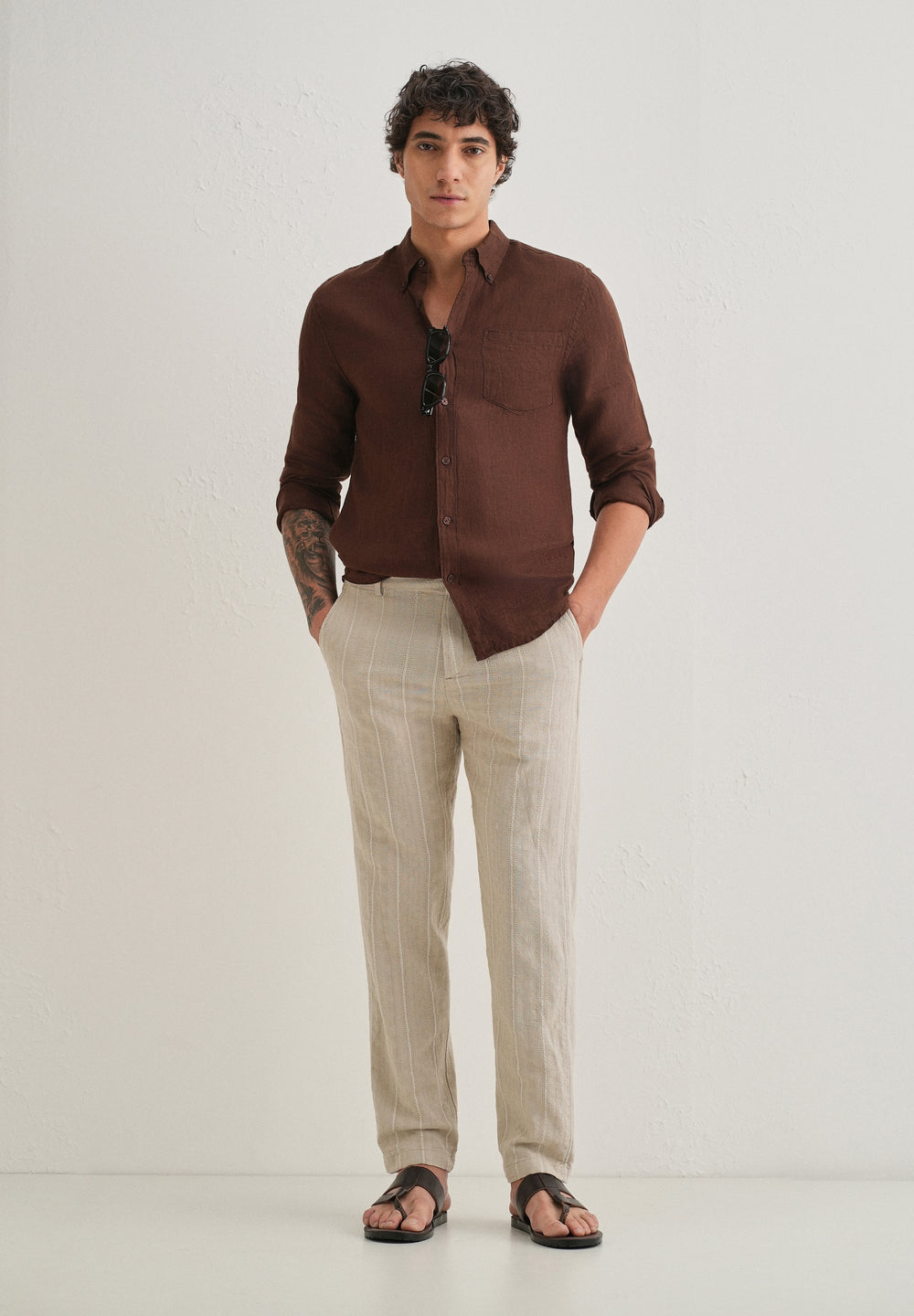 Beige Dobby Cotton Stripe Pants