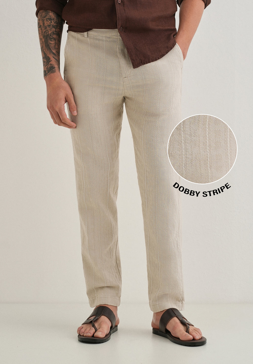 Beige Dobby Cotton Stripe Pants