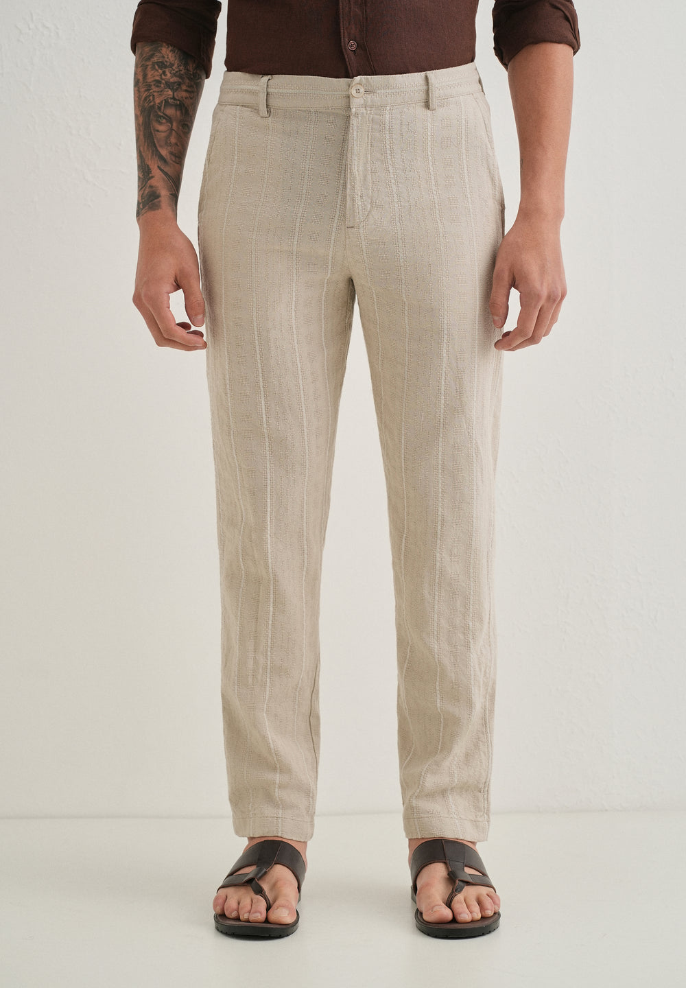 Beige Dobby Cotton Stripe Pants