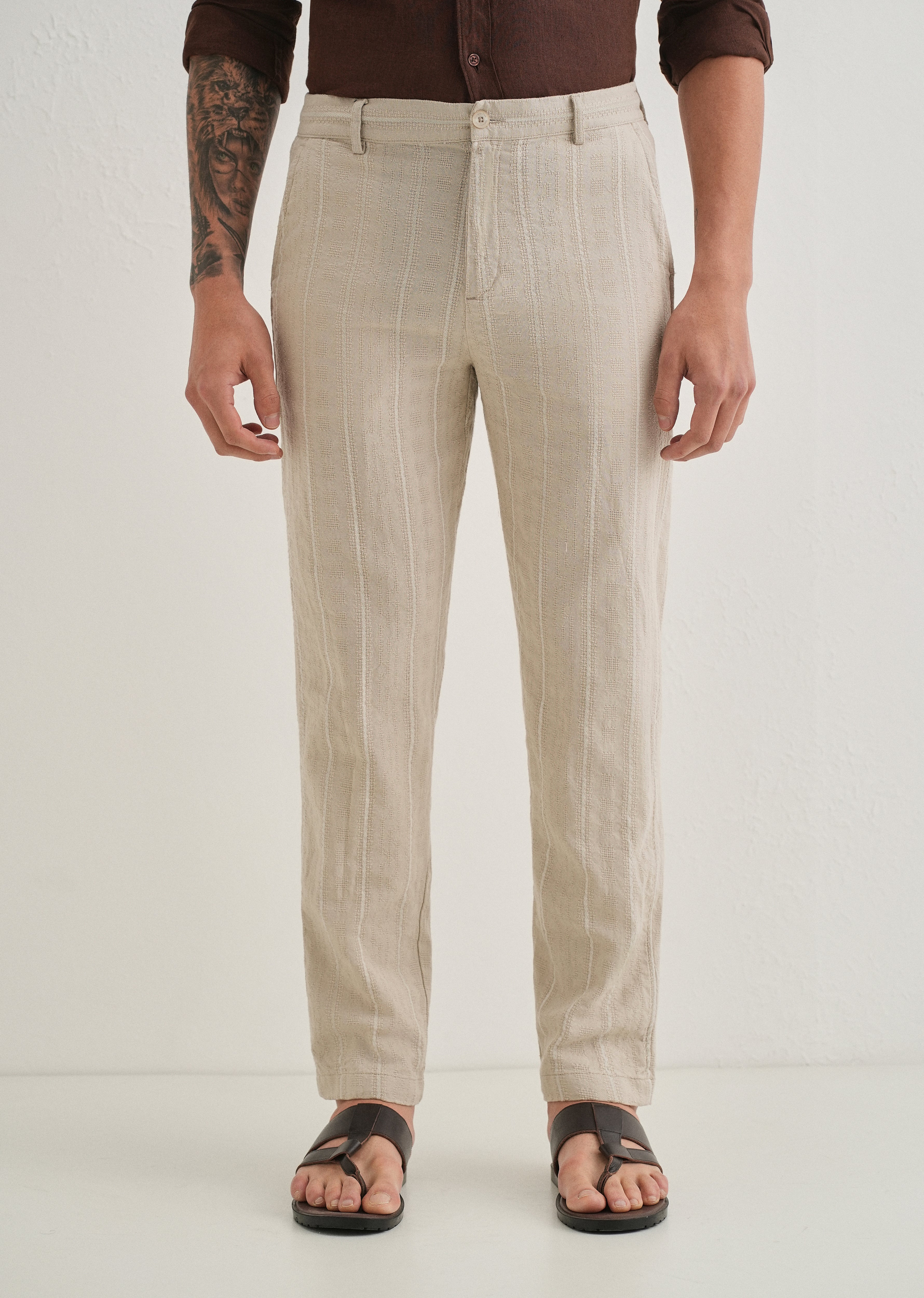 Beige Dobby Cotton Stripe Pants