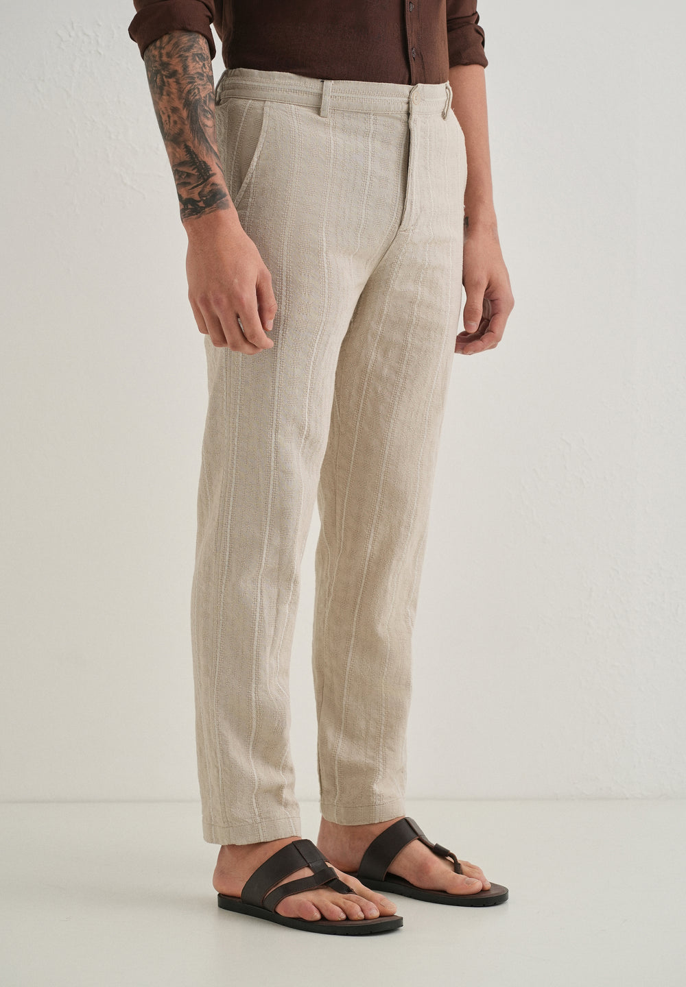 Beige Dobby Cotton Stripe Pants