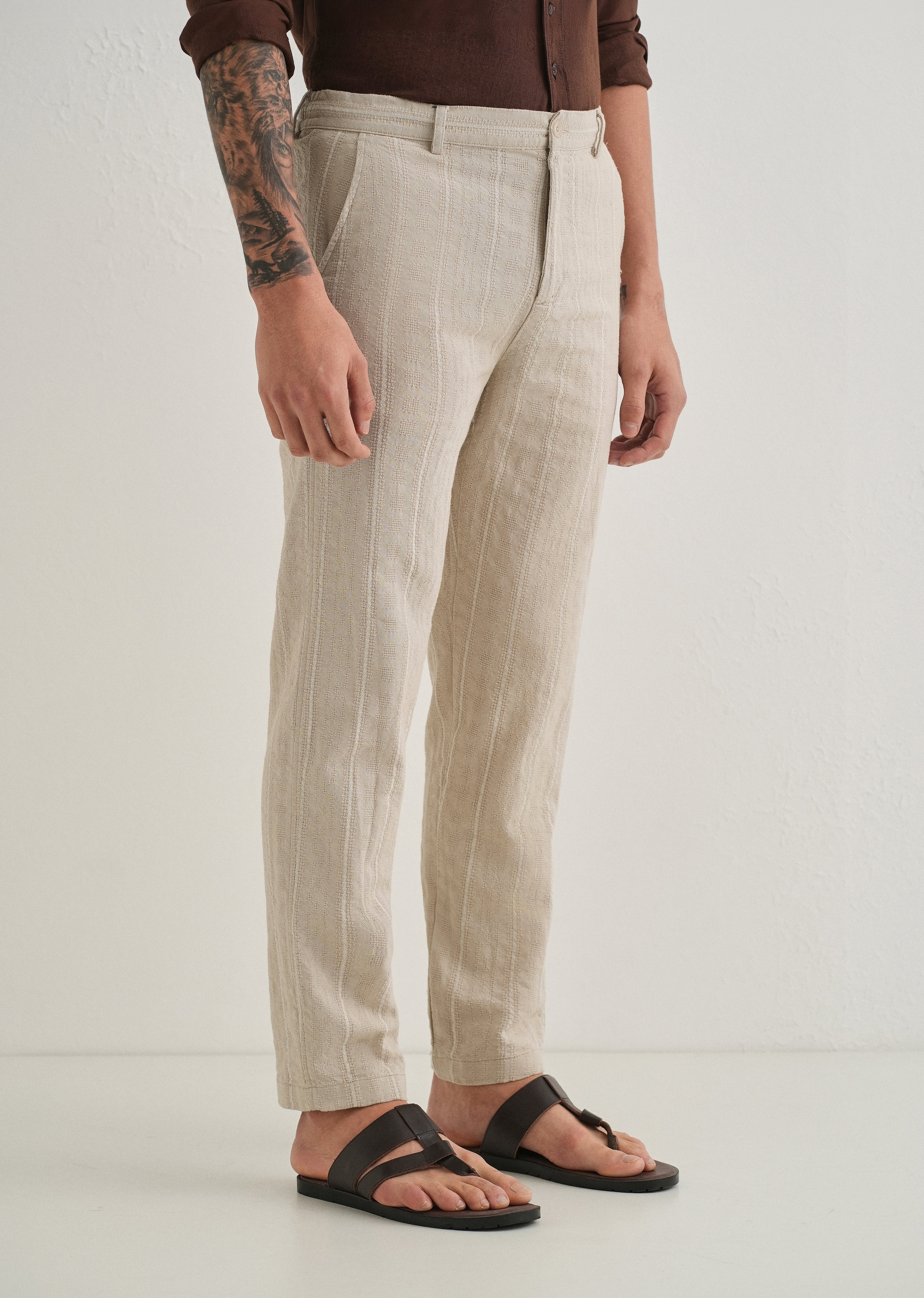 Beige Dobby Cotton Stripe Pants