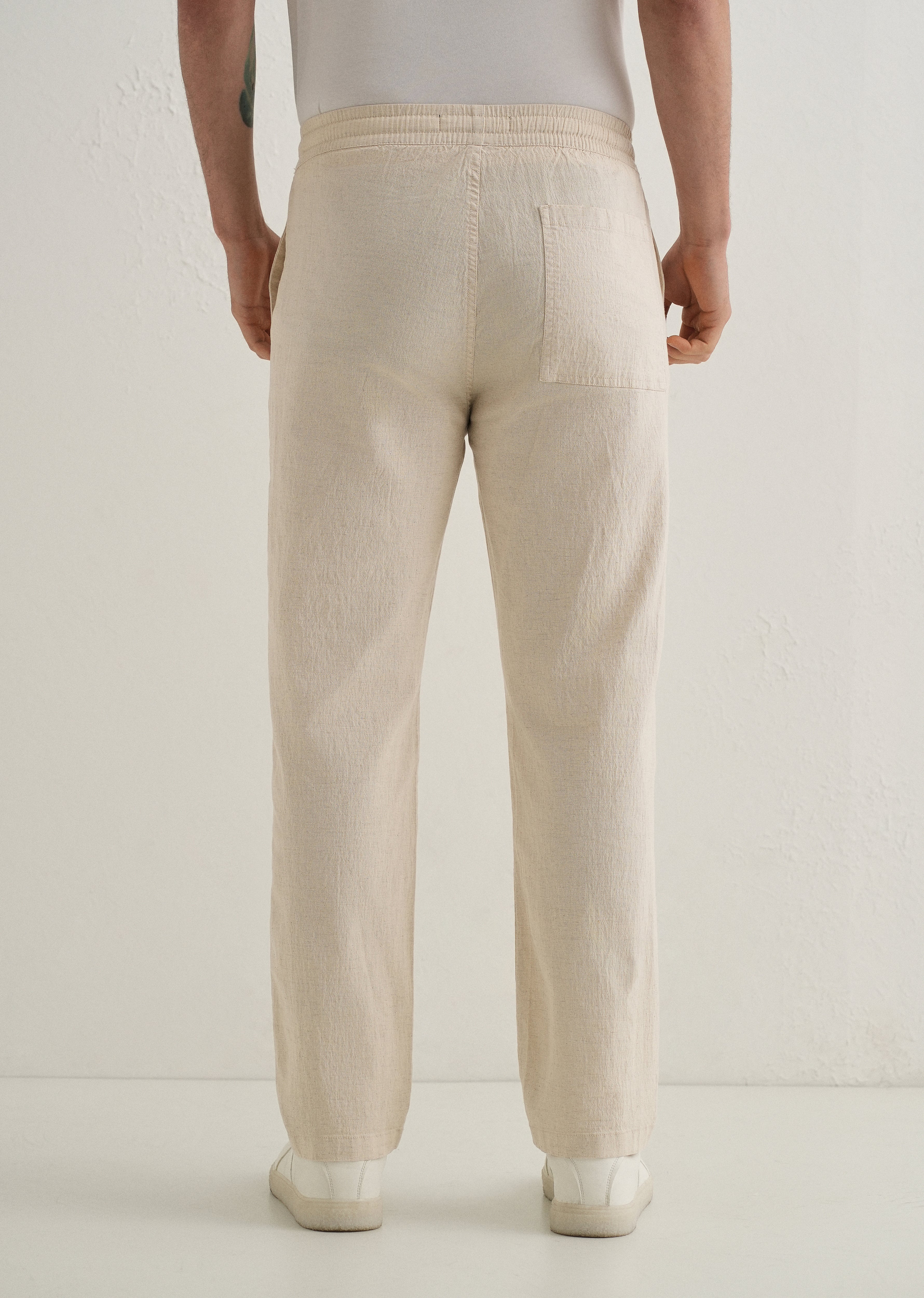 Beige Drawstring Cotton Linen Pant