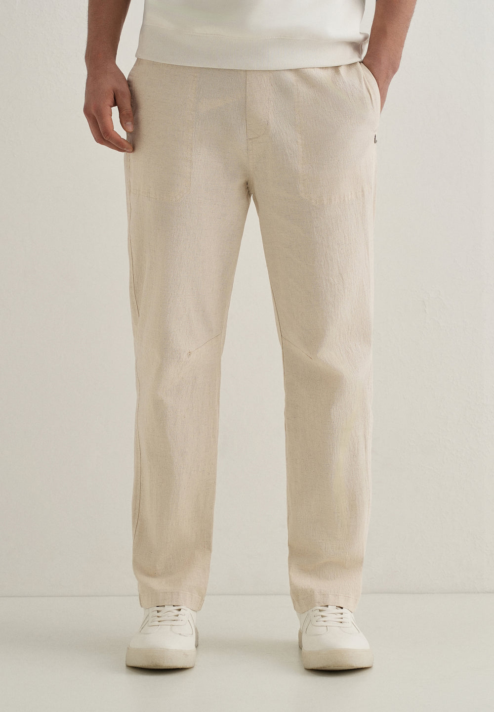 Beige Drawstring Cotton Linen Pant