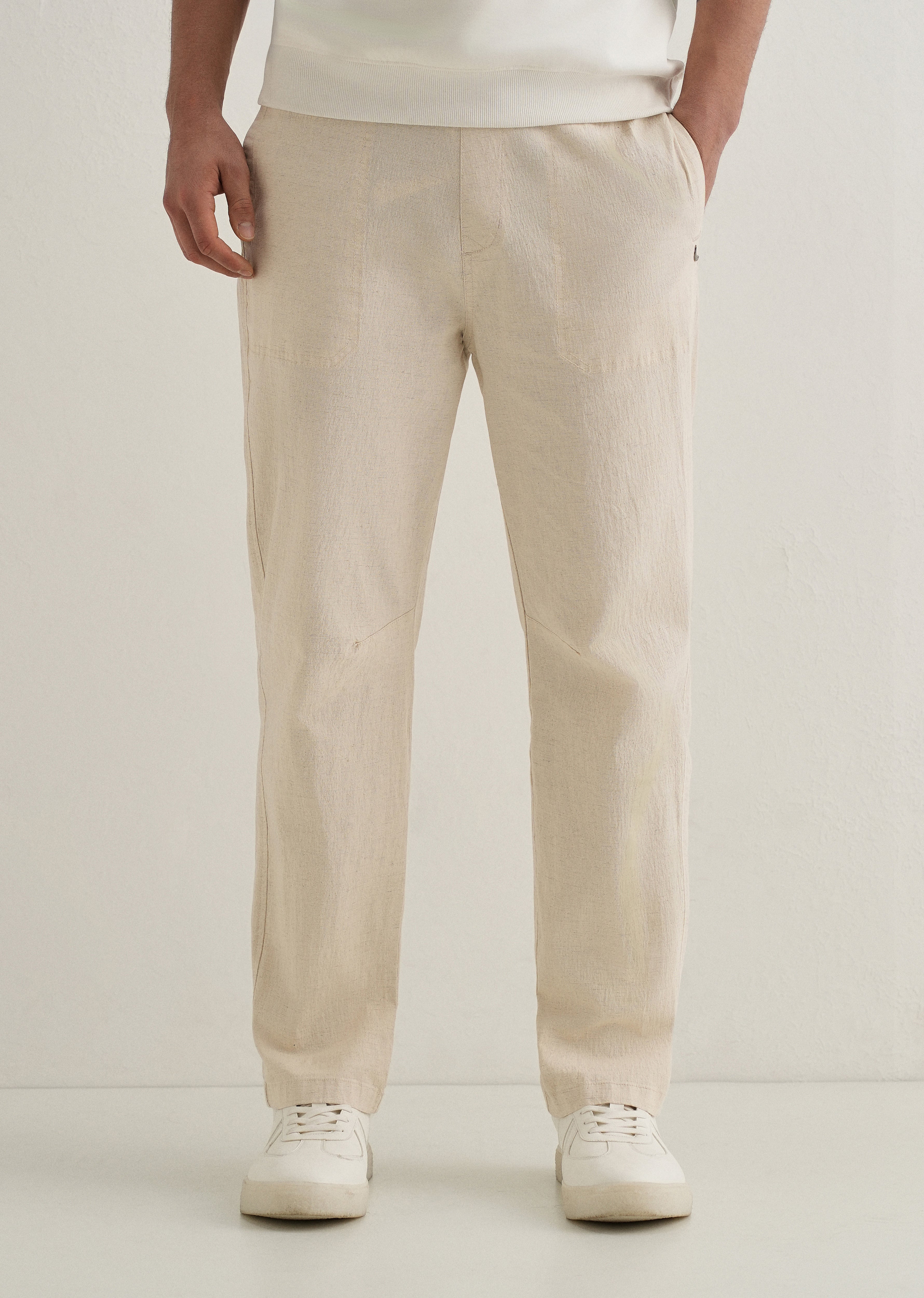 Beige Drawstring Cotton Linen Pant