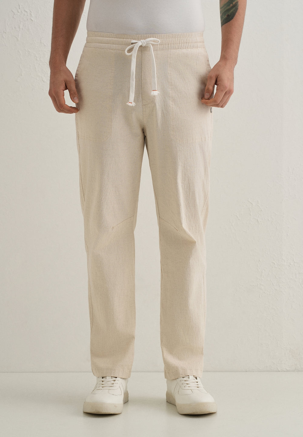 Beige Drawstring Cotton Linen Pant