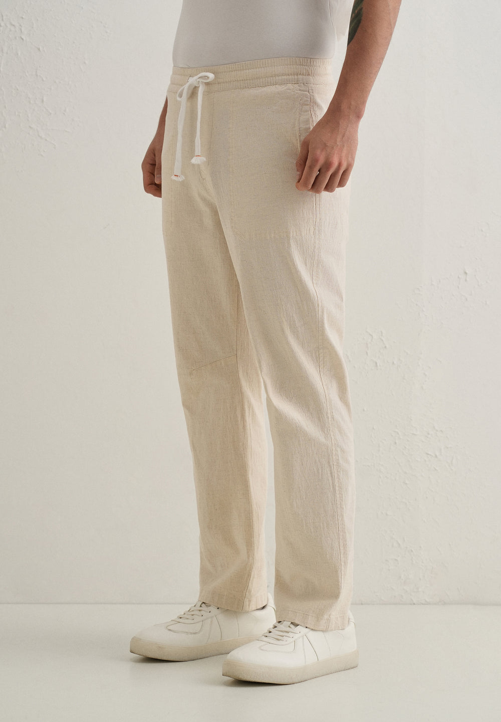 Beige Drawstring Cotton Linen Pant