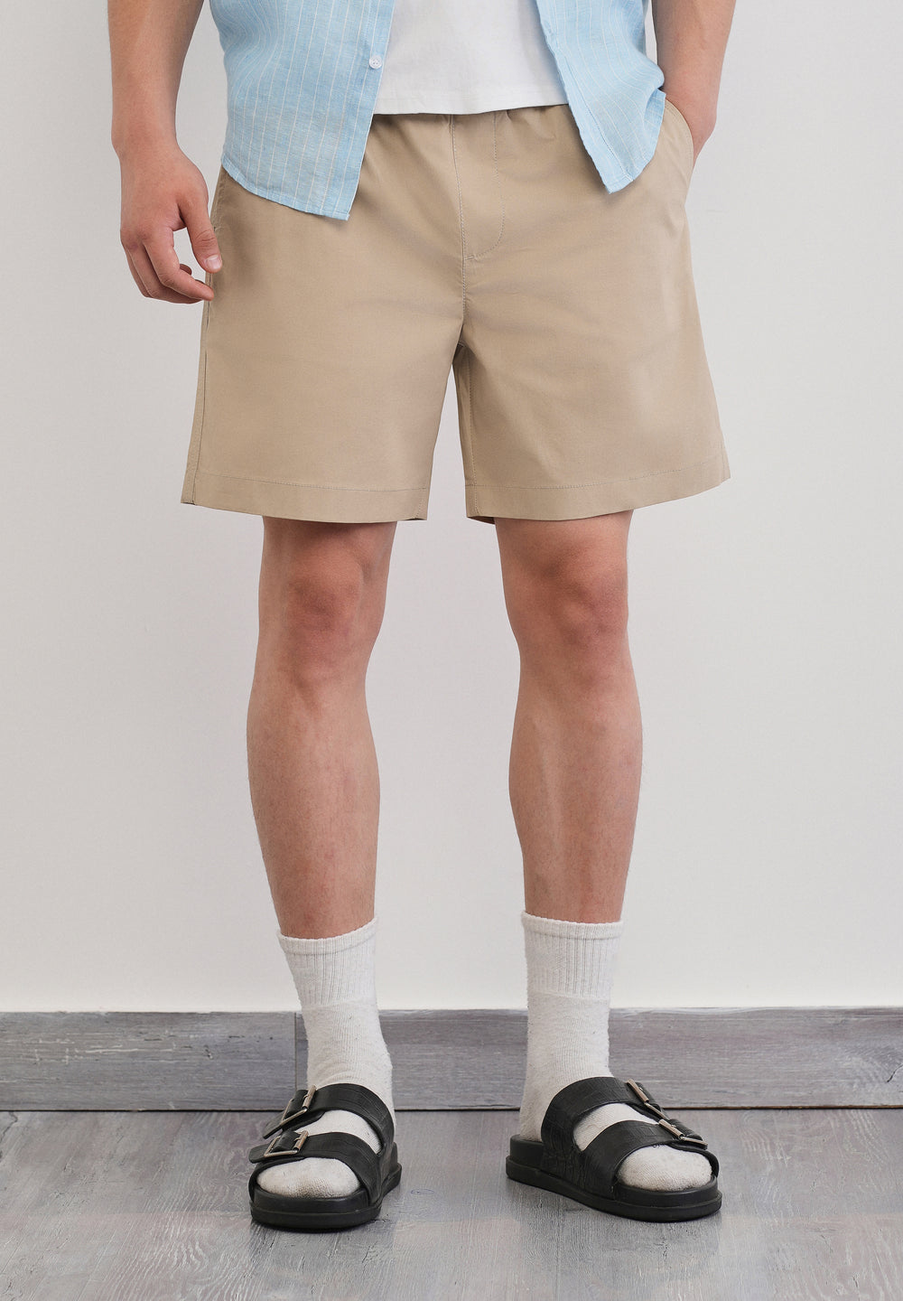 Beige Drawstring Cotton Shorts