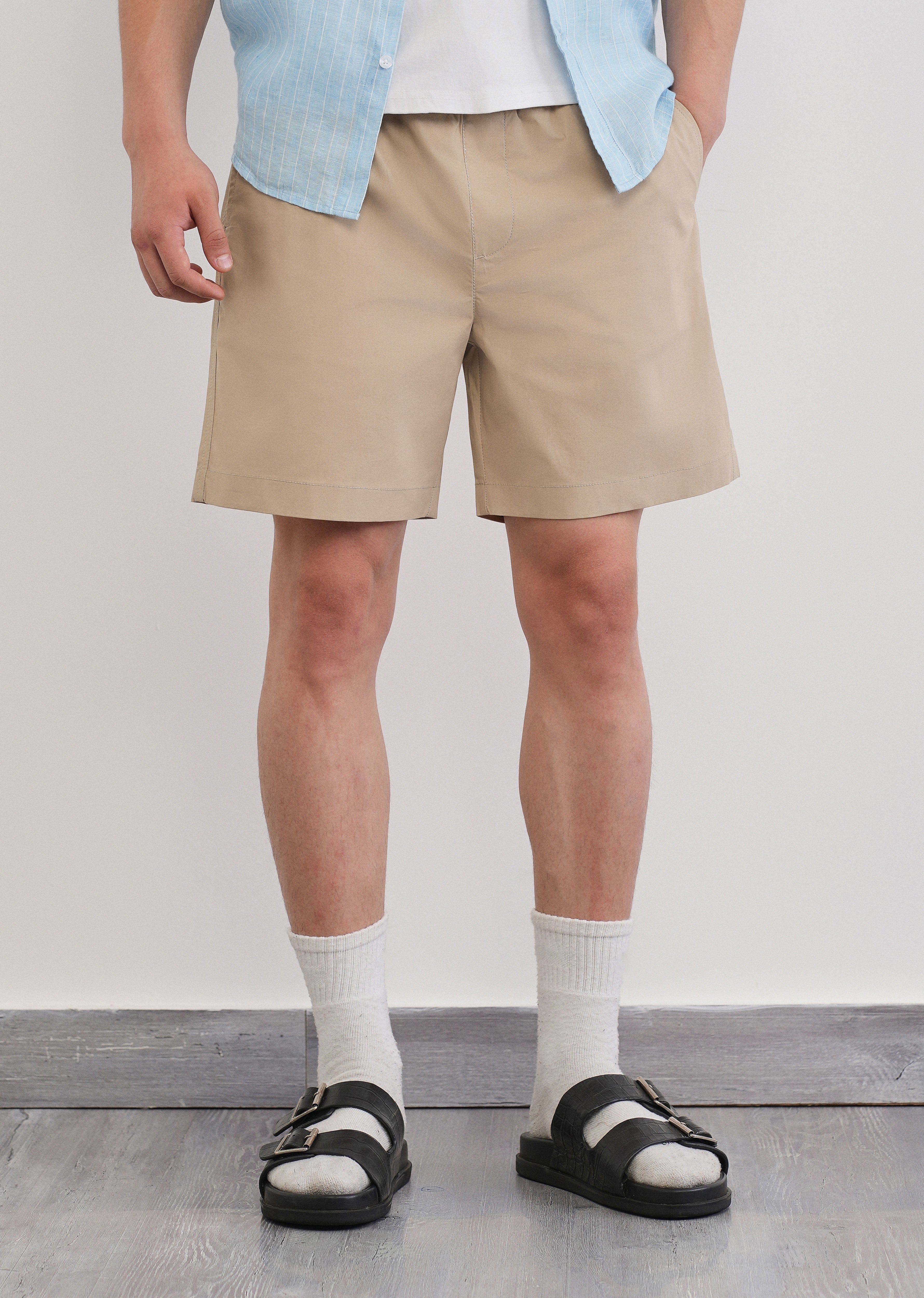 Beige Drawstring Cotton Shorts