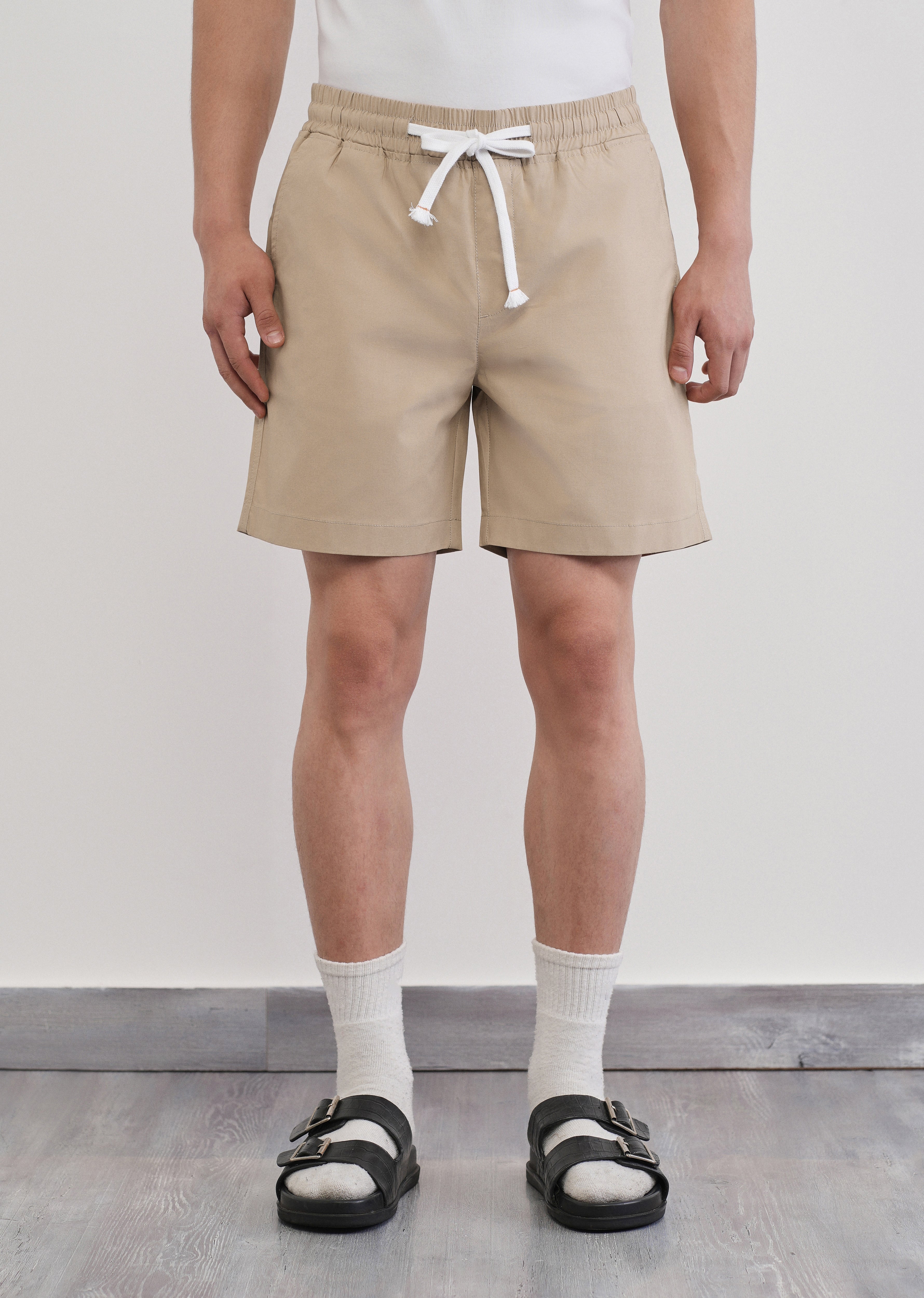 Beige Drawstring Cotton Shorts