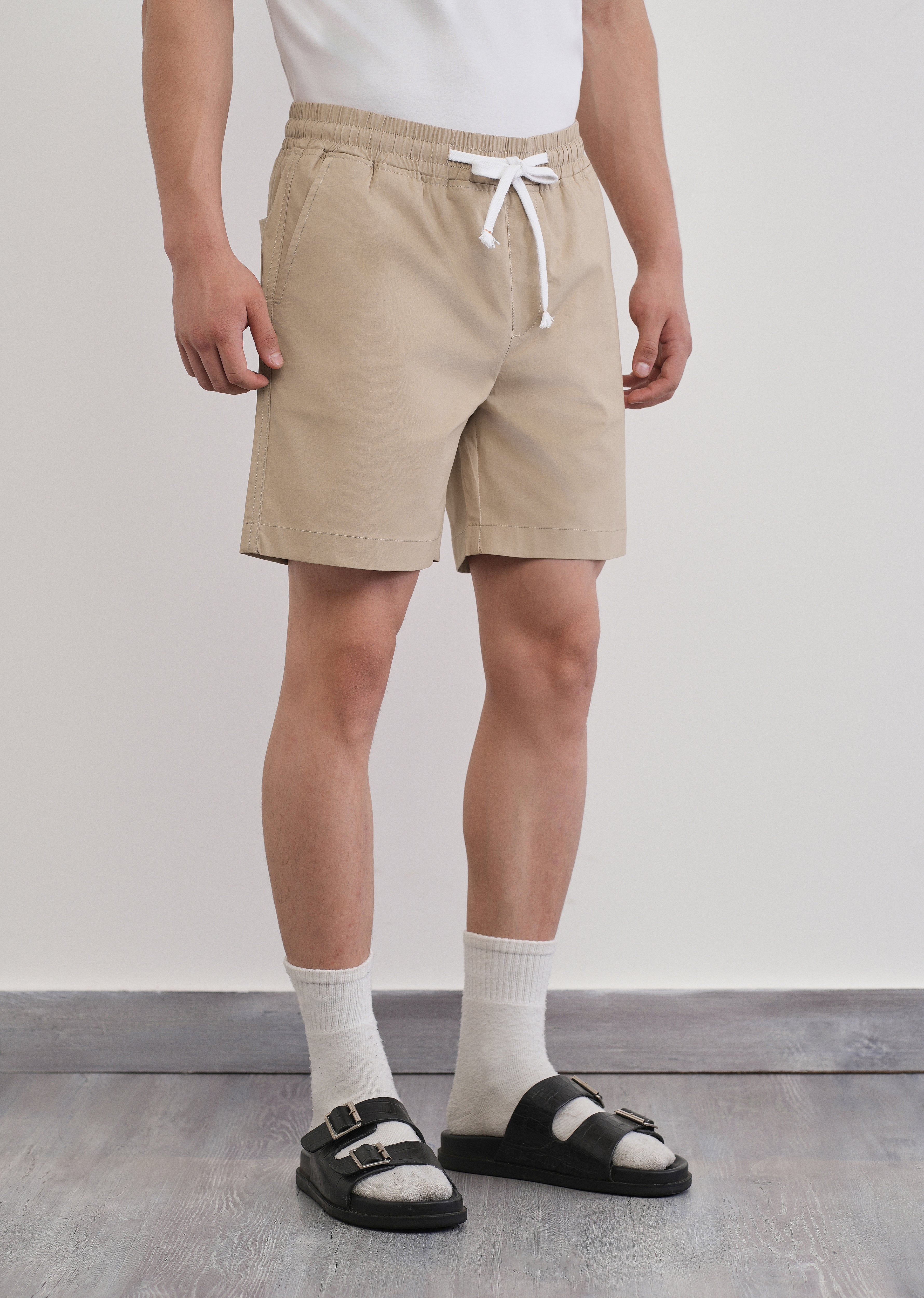 Beige Drawstring Cotton Shorts