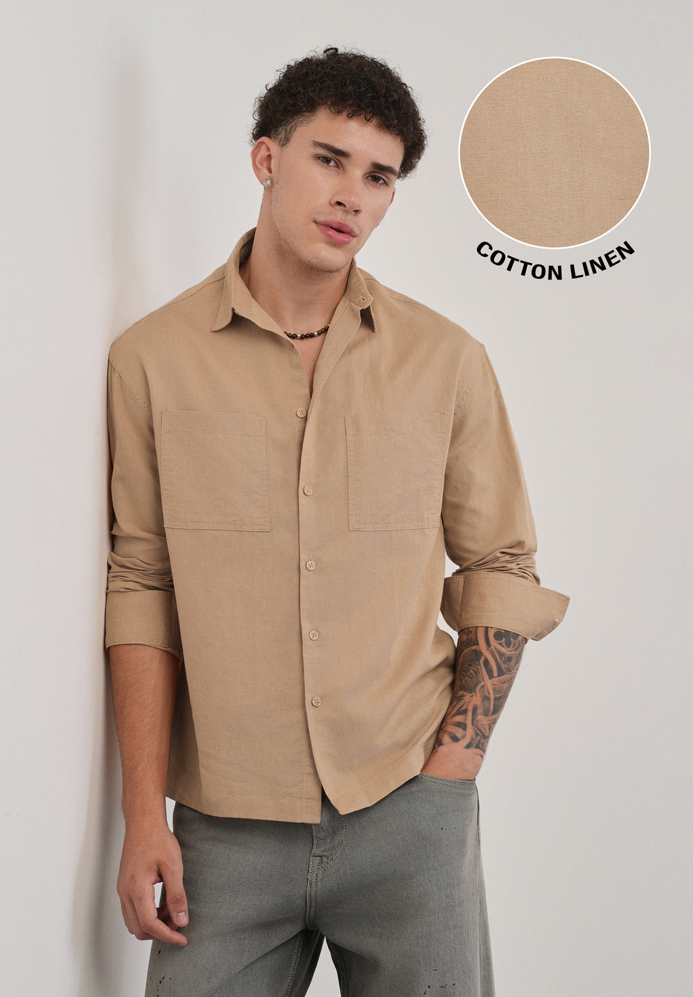 Warm Beige Dual Pocket Cotton Linen Shirt