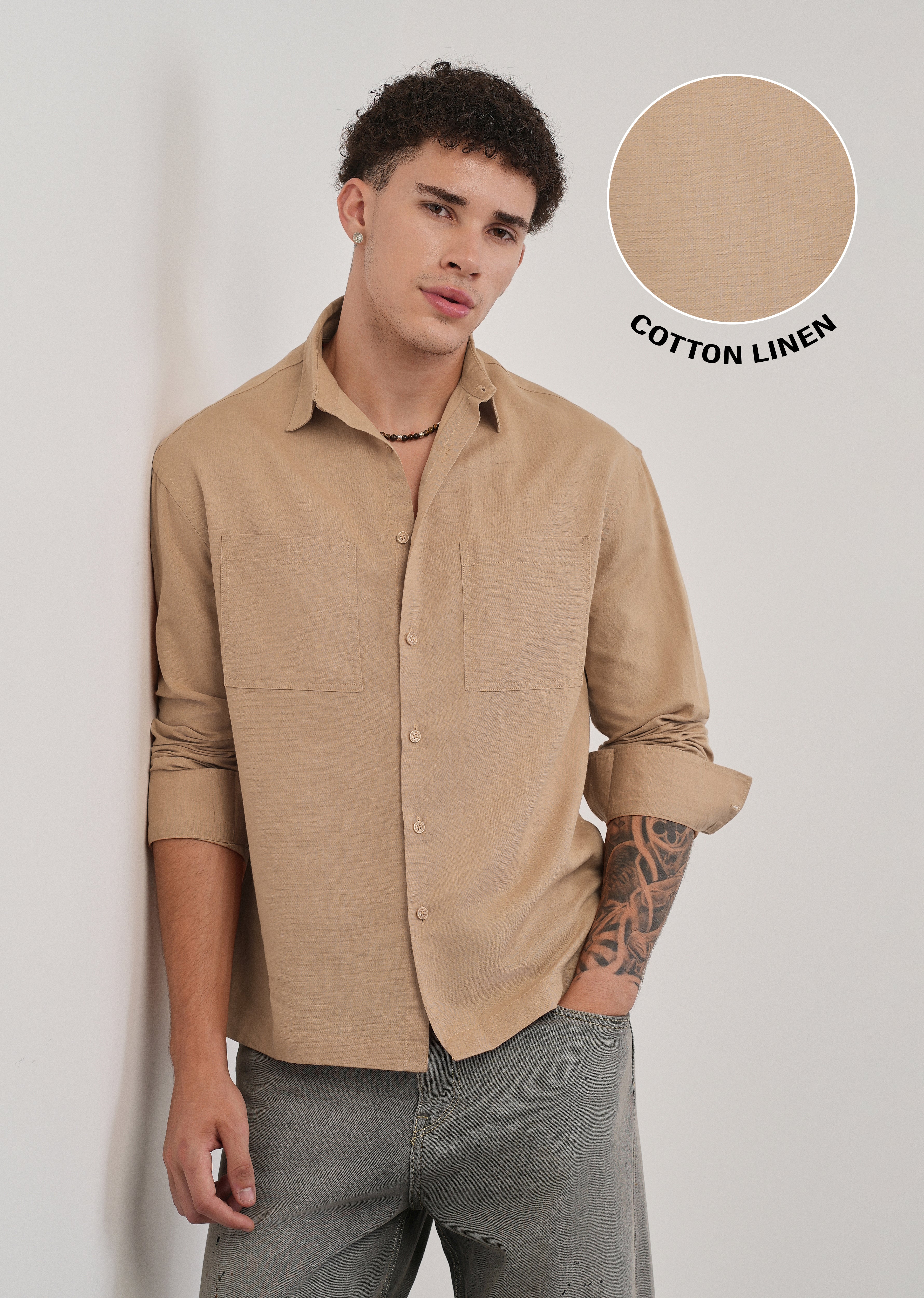 Warm Beige Dual Pocket Cotton Linen Shirt