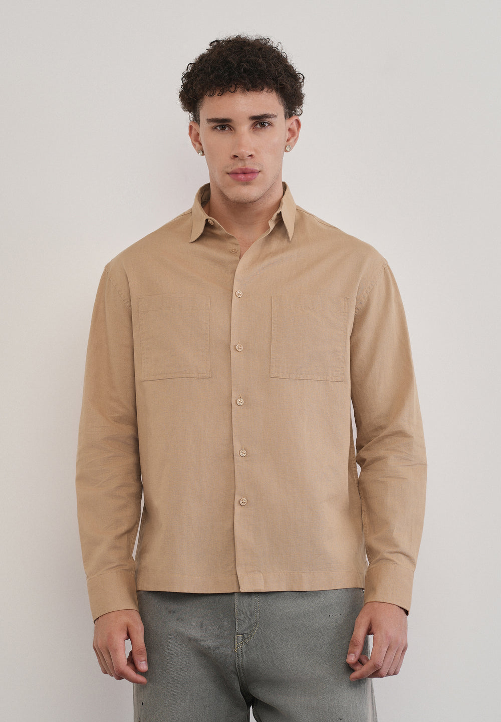 Warm Beige Dual Pocket Cotton Linen Shirt