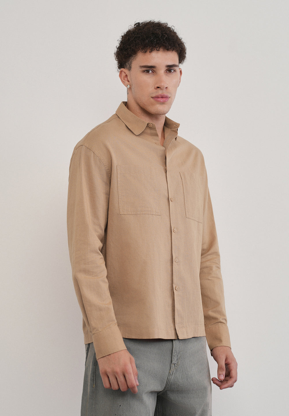 Warm Beige Dual Pocket Cotton Linen Shirt