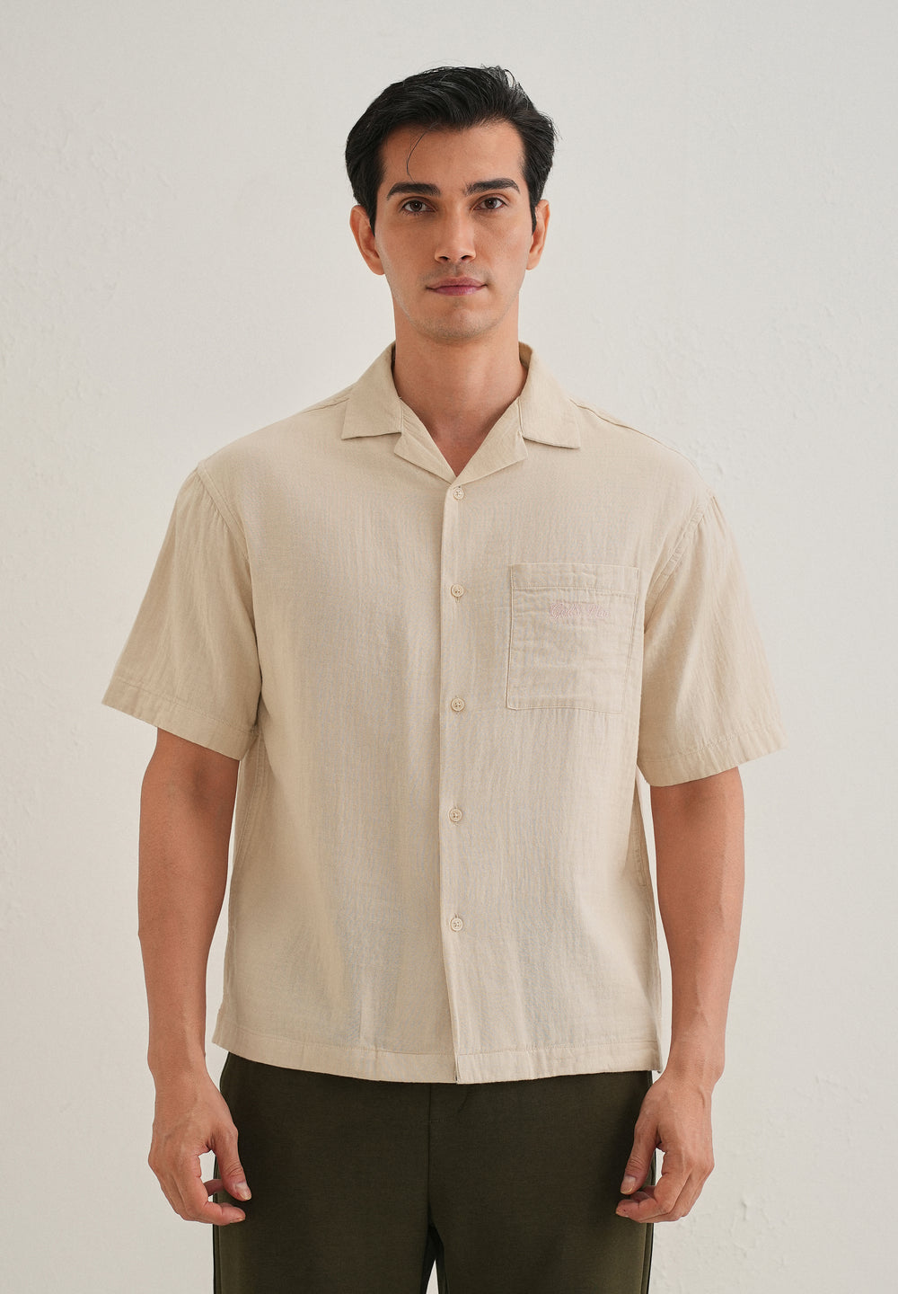 Beige Embroidered Double Cloth Cotton Shirt