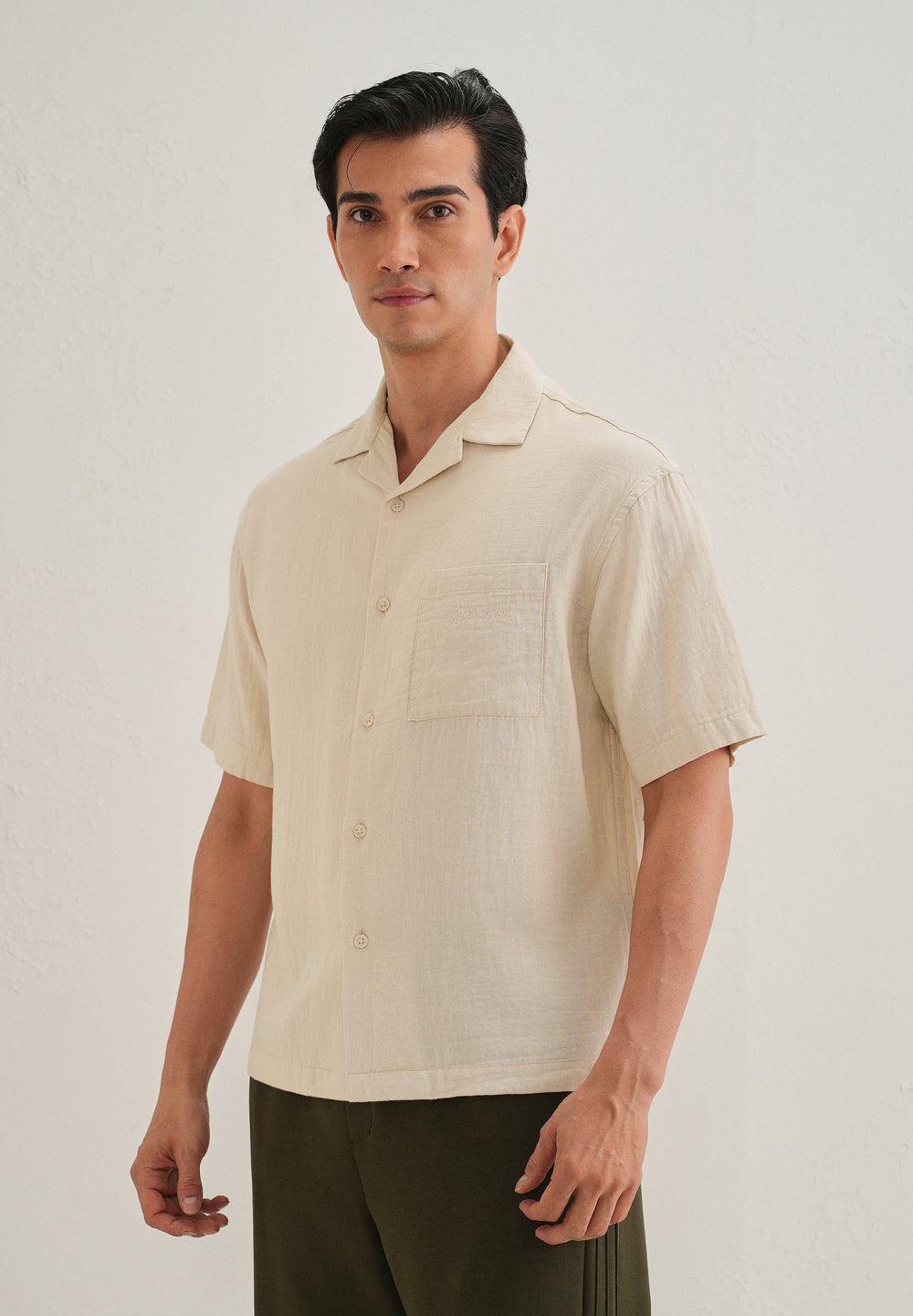Beige Embroidered Double Cloth Cotton Shirt