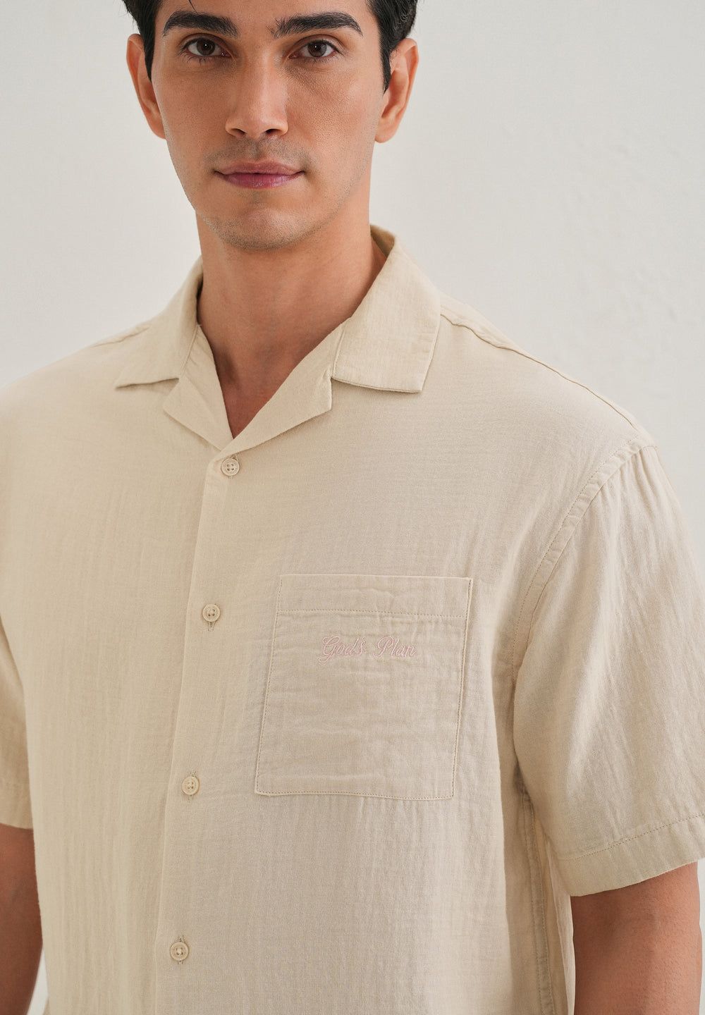 Beige Embroidered Double Cloth Cotton Shirt