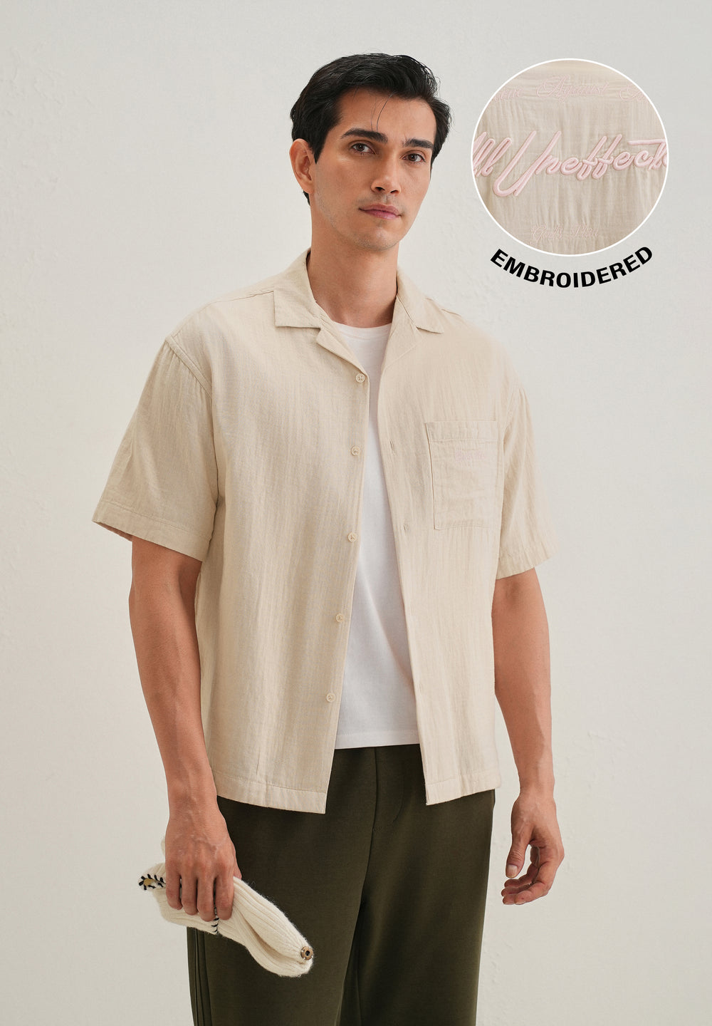 Beige Embroidered Double Cloth Cotton Shirt